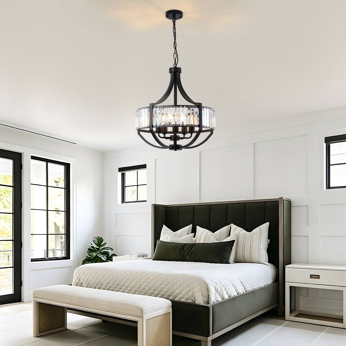 Angle. Loheer - Loheer Modern Farmhouse Chandelier, 5 Light Black Crystal Pendant for Dining Room and Living Room.