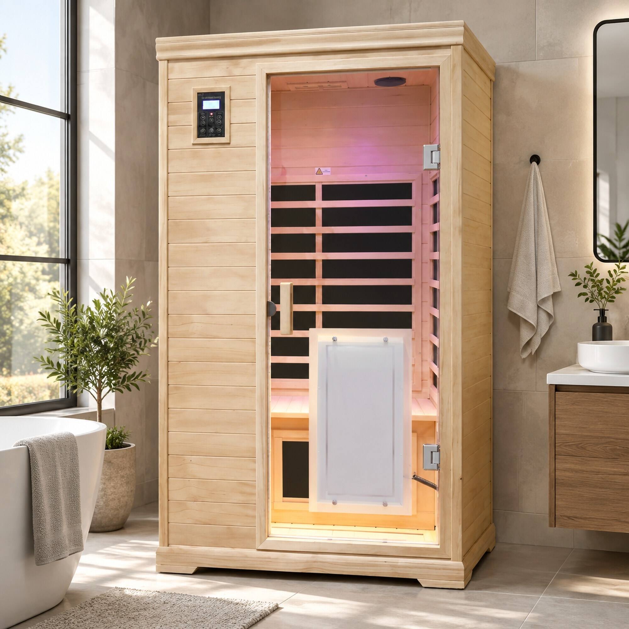 Back. RYHNUYNE - Two-Person Far-Infrared Hemlock Indoor Sauna, 43.7 x 38.58 x 76.38 in, 9 Heating Panels, Bluetooth Audio, LCD Touch - Natural.