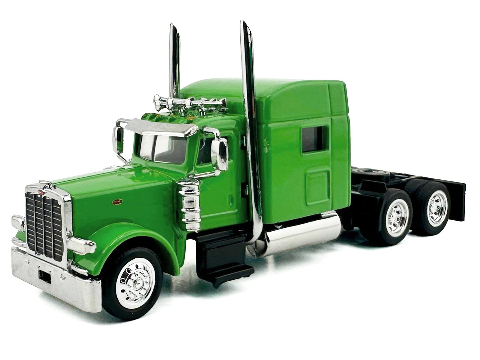 Alt View 1. HO Logistics Replicas - Peterbilt 389 Truck Tractor with Sleeper Cab Lime Green and Flatbed Black Combo Set 1/87 HO Plastic Car by HO Logistics.