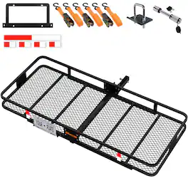 Mockins - 70 in. x 30 in.x 6 in. Trailer Hitch Cargo Carrier w/ License Plate Holder, Stabilizer, Hitch Lock & Ratchet Straps