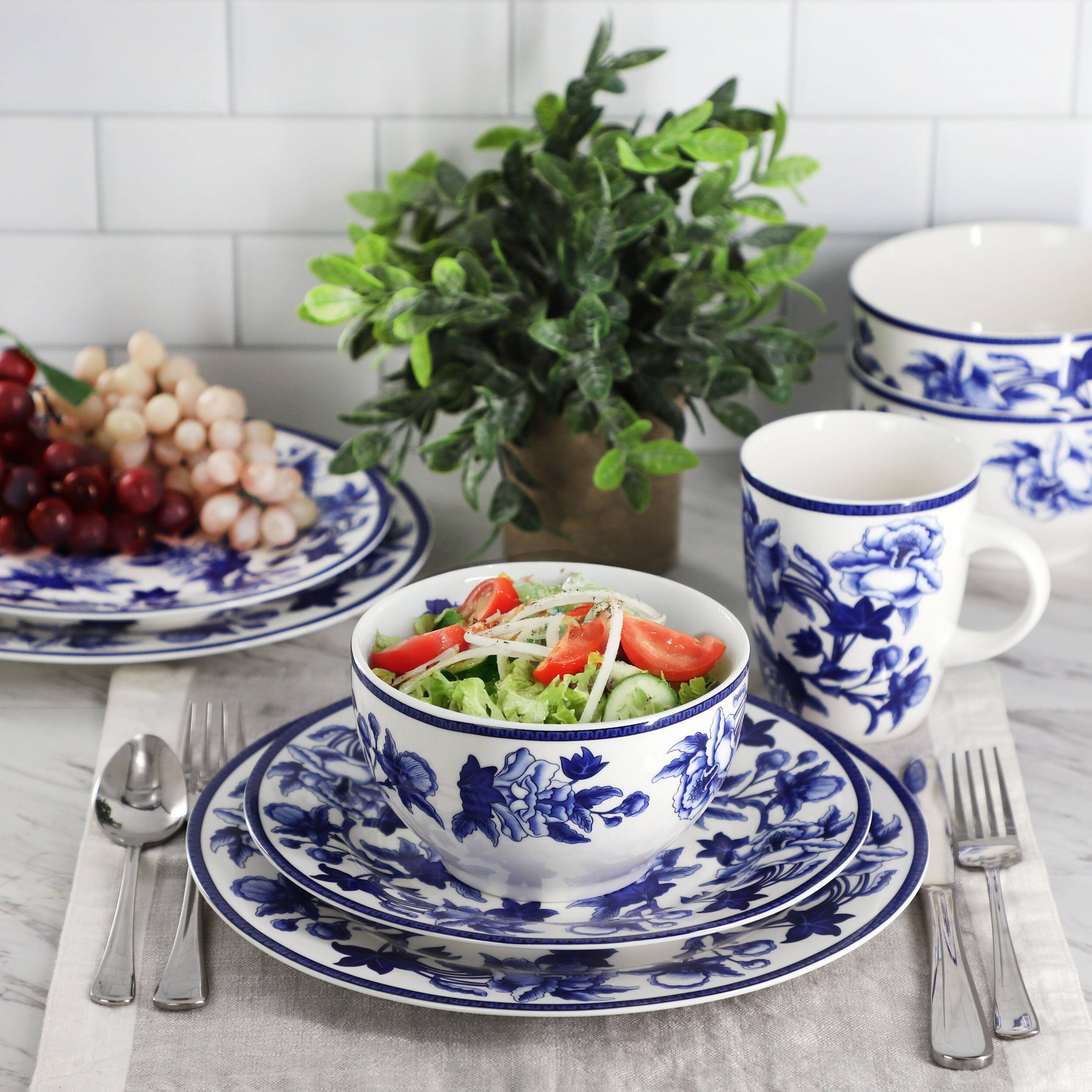 Alt View 8. Elama - Elama Cattleya Orchid 16 Piece Round Porcelain Dinnerware Set in Blue and White - Blue and White.