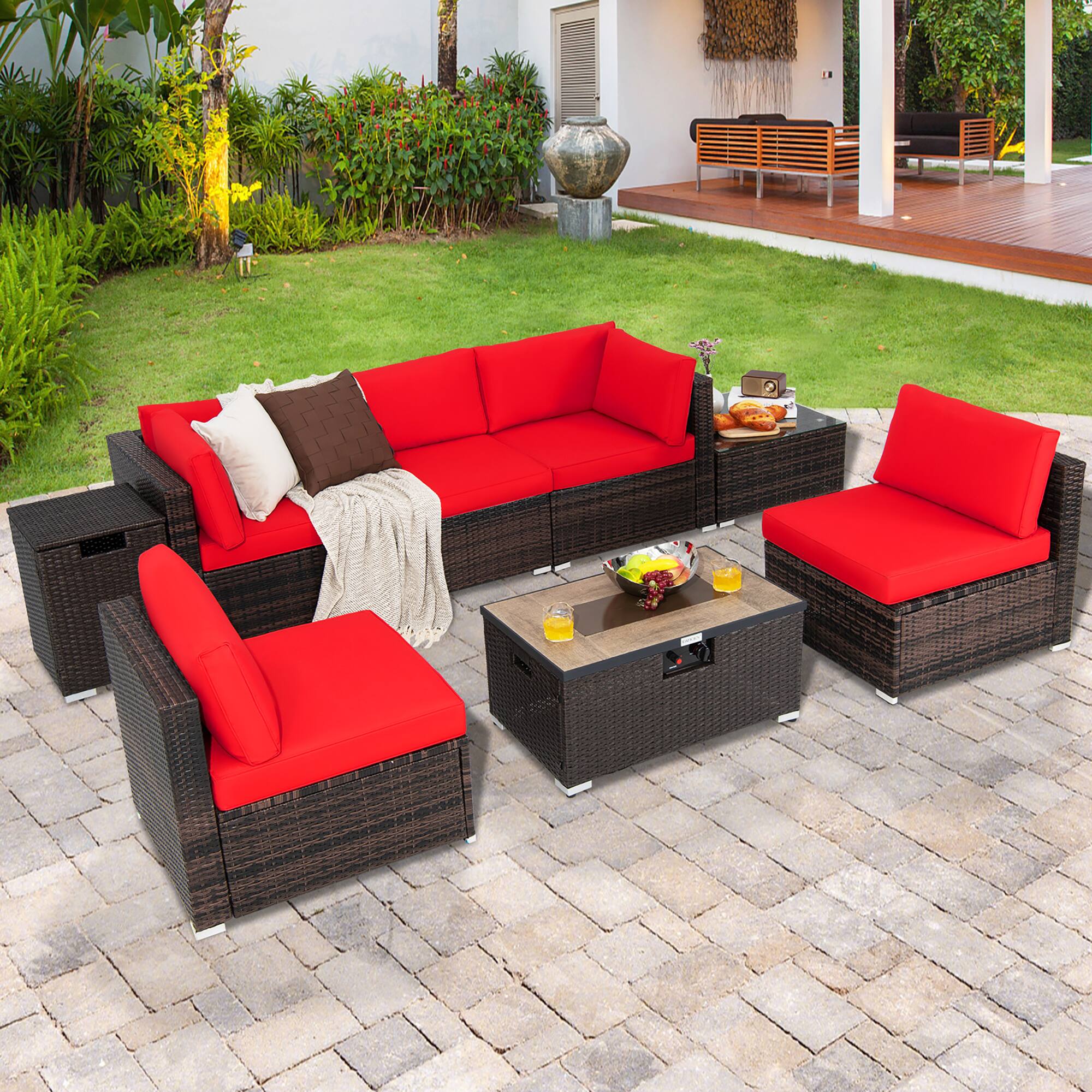 Alt View 2. Costway - Costway 8PCS Patio Rattan Furniture Set Fire Pit Table Tank Holder Cover Deck - Mix Brown,Red.