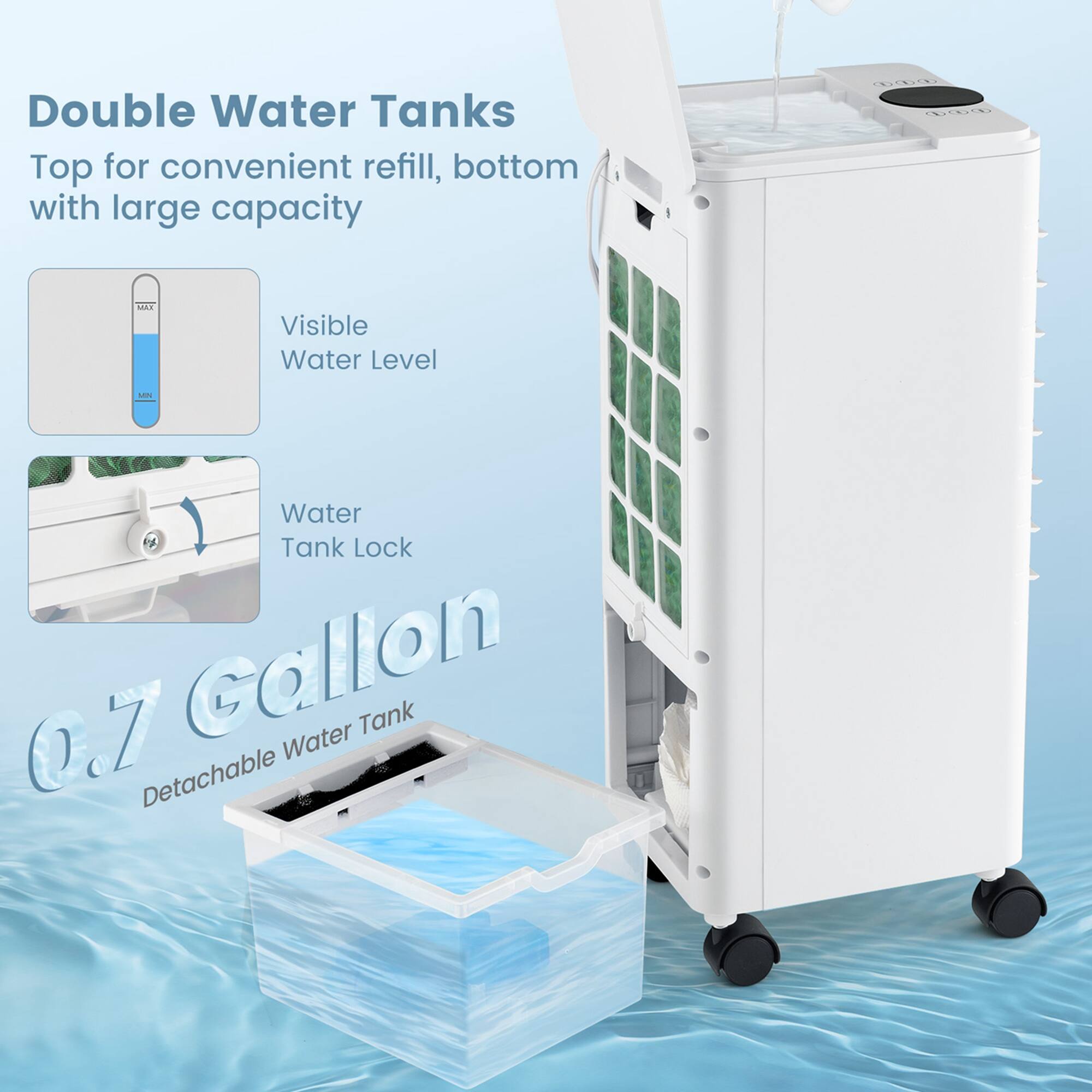 The text on the image describes a product that has a double water tank system, with one tank at the top for convenient refill and another at the bottom with a large capacity. The product also features a visible water level and a water tank lock. Additionally, the water tank is detachable.