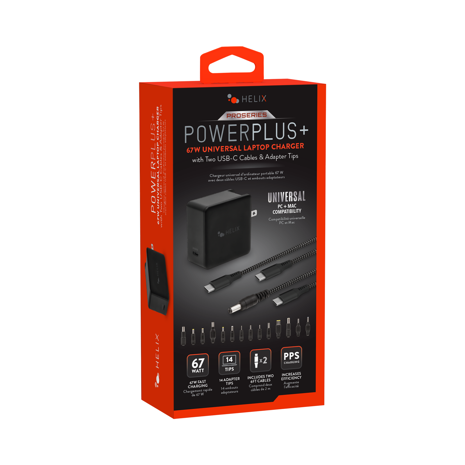 HELIX PRO SERIES CHARGER: US | FA22 POWERPLUS+ UNIVERSAL LAPTOP CHARGER 67W with Two USB-C Cables & Adapter Tips. Compatible with 42 in Chargeur univers POWERPLUS de 67W avec deux câbles USB-C et adaptateurs - UNIVERSAL PC + MAC COMPATIBILITY. HELIX HELIX 14 PPS 67 x2 ESAEERS WATT TIPS TWO INCREASES CADAPTER INCLUDES EFFICIENT FAST 6FT CABLES AW TPS Augmente CHARGING Comprend 1 embouts -