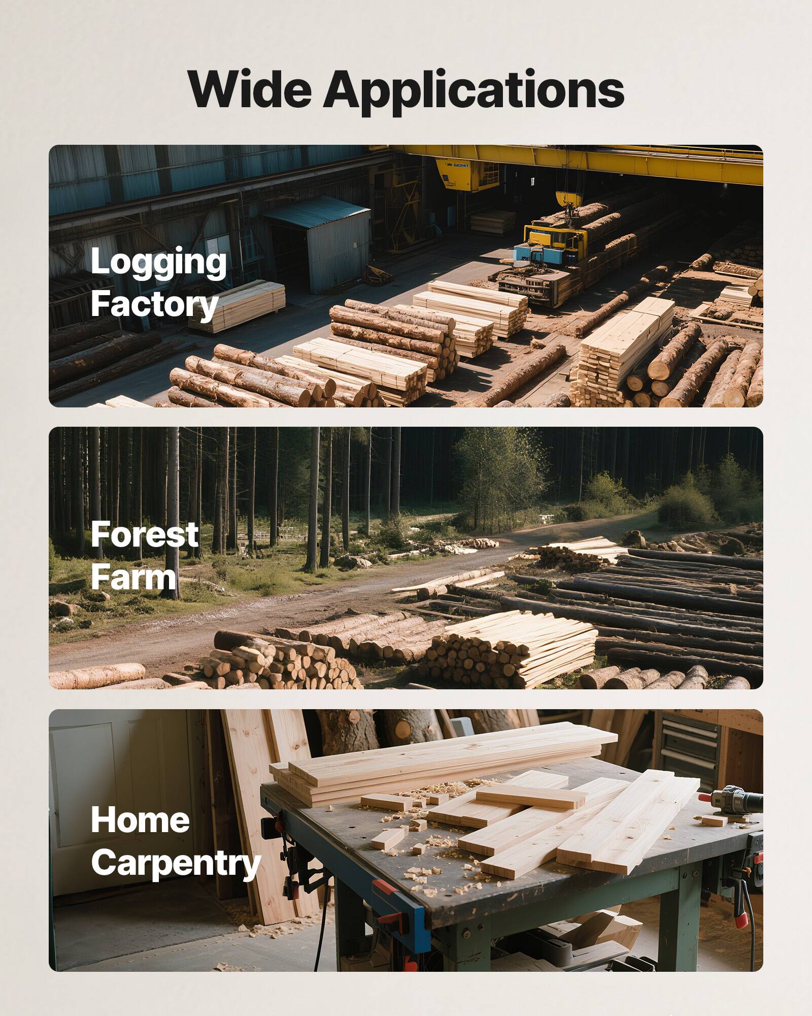 Wide Applications

Logging Factory

Forest Farm

Home Carpentry