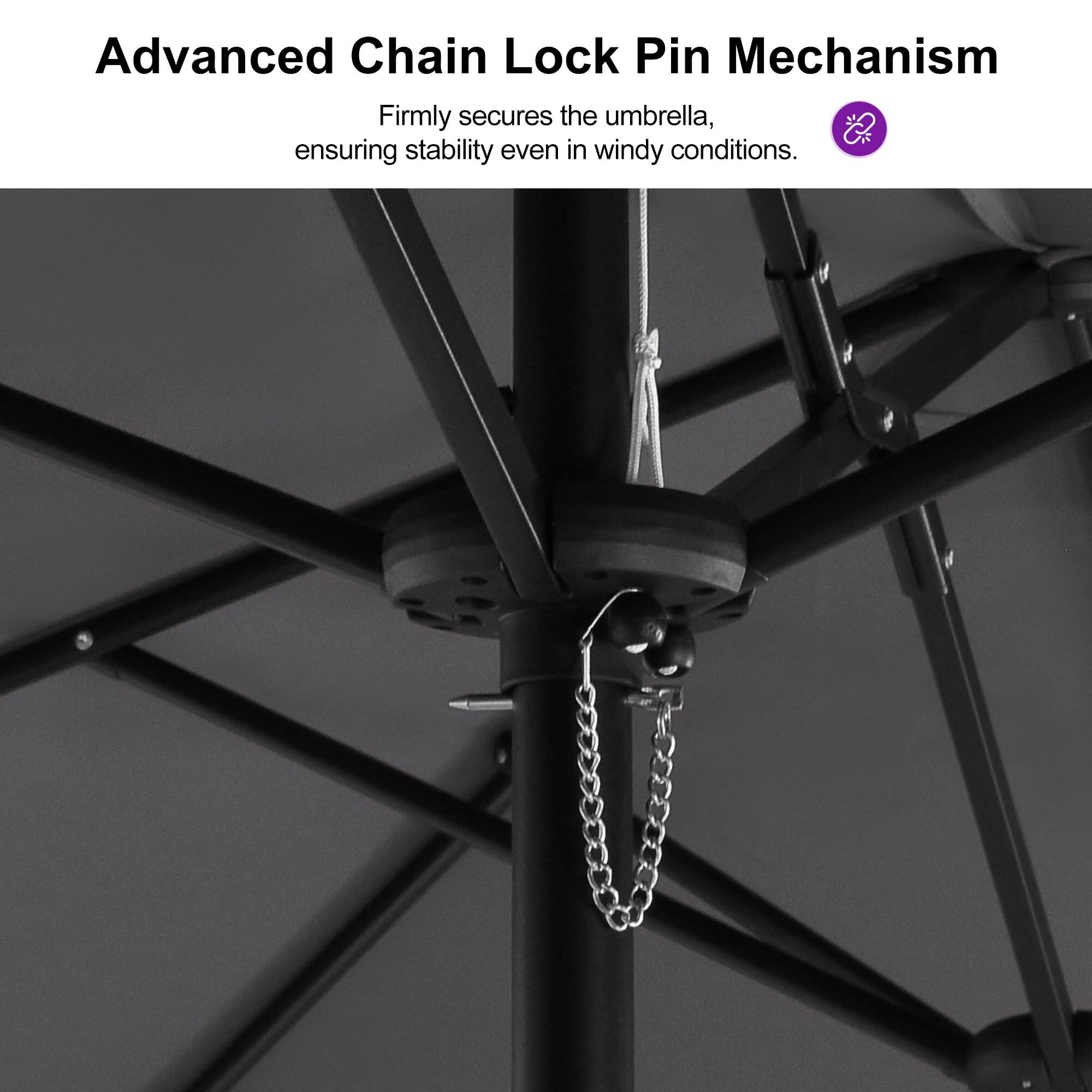 Advanced Chain Lock Pin Mechanism  
Firmly secures the umbrella, ensuring stability even in windy conditions.