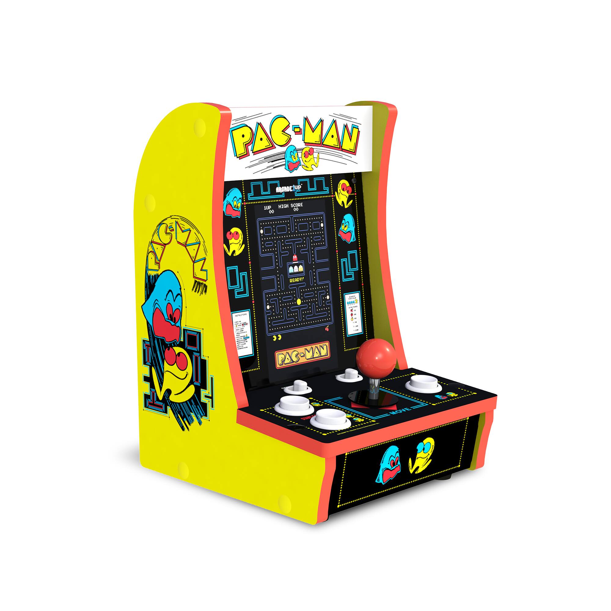 "PAC-MAN" is written on the top of the machine, indicating that it is a PAC-MAN arcade game.