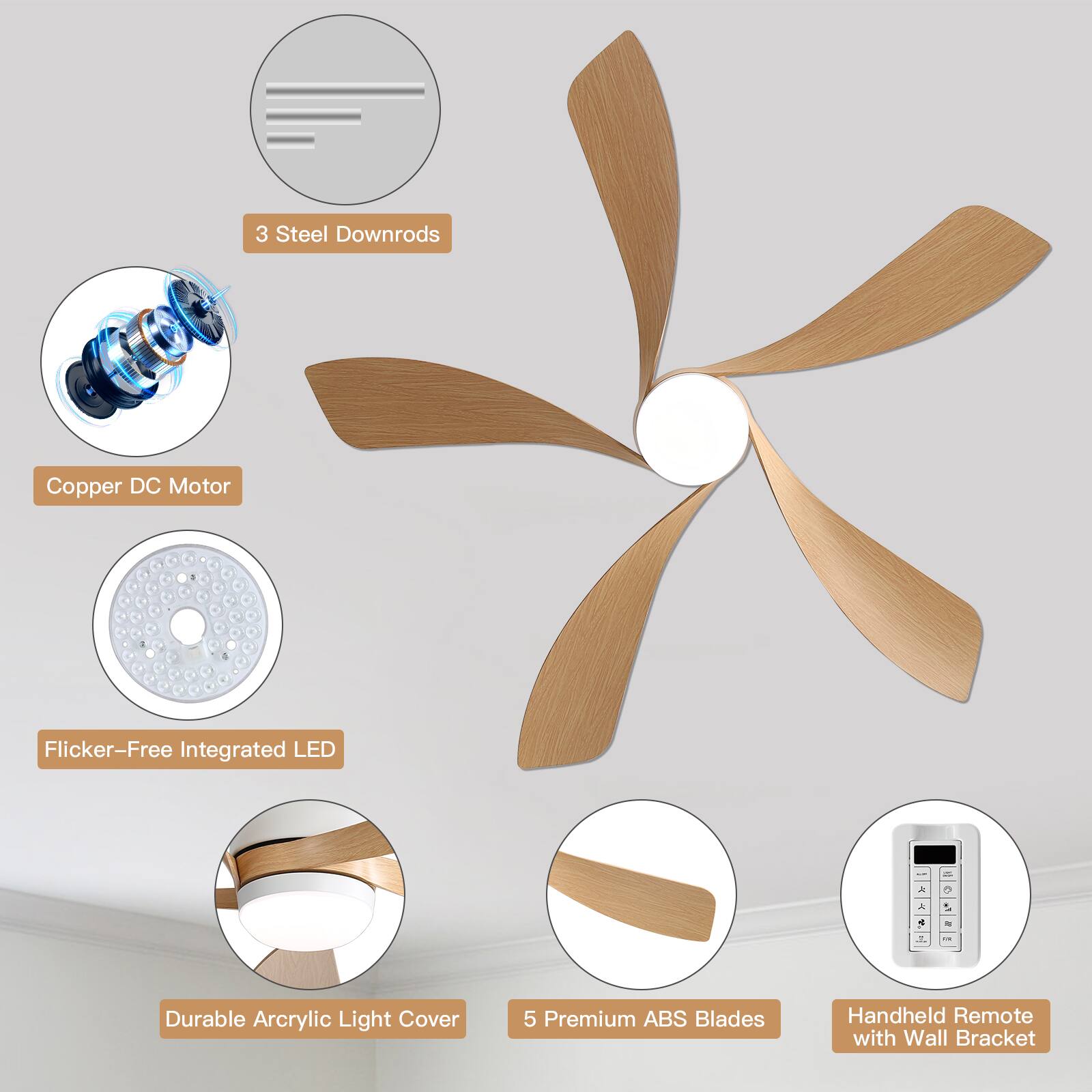 3 Steel Downrods  
Copper DC Motor  
Flicker-Free Integrated LED  
Durable Acrylic Light Cover  
5 Premium ABS Blades  
Handheld Remote with Wall Bracket