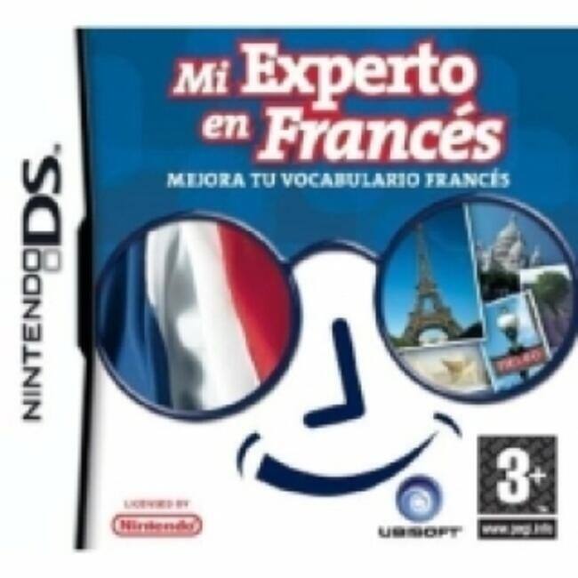 Sure, here is the corrected and grouped text from the image:

---

**Nintendo DS**

**Mi Experto en Francés**

**MEJORA TU VOCABULARIO FRANCÉS**

**3+**

**UBISOFT**

**www.ubisoft.com**

**LICENCIADO POR Nintendo**

---

This text is from the cover of a Nintendo DS game designed to improve French vocabulary.