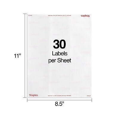 Staples  
30 Labels per Sheet  
11" x 8.5"  
Staples