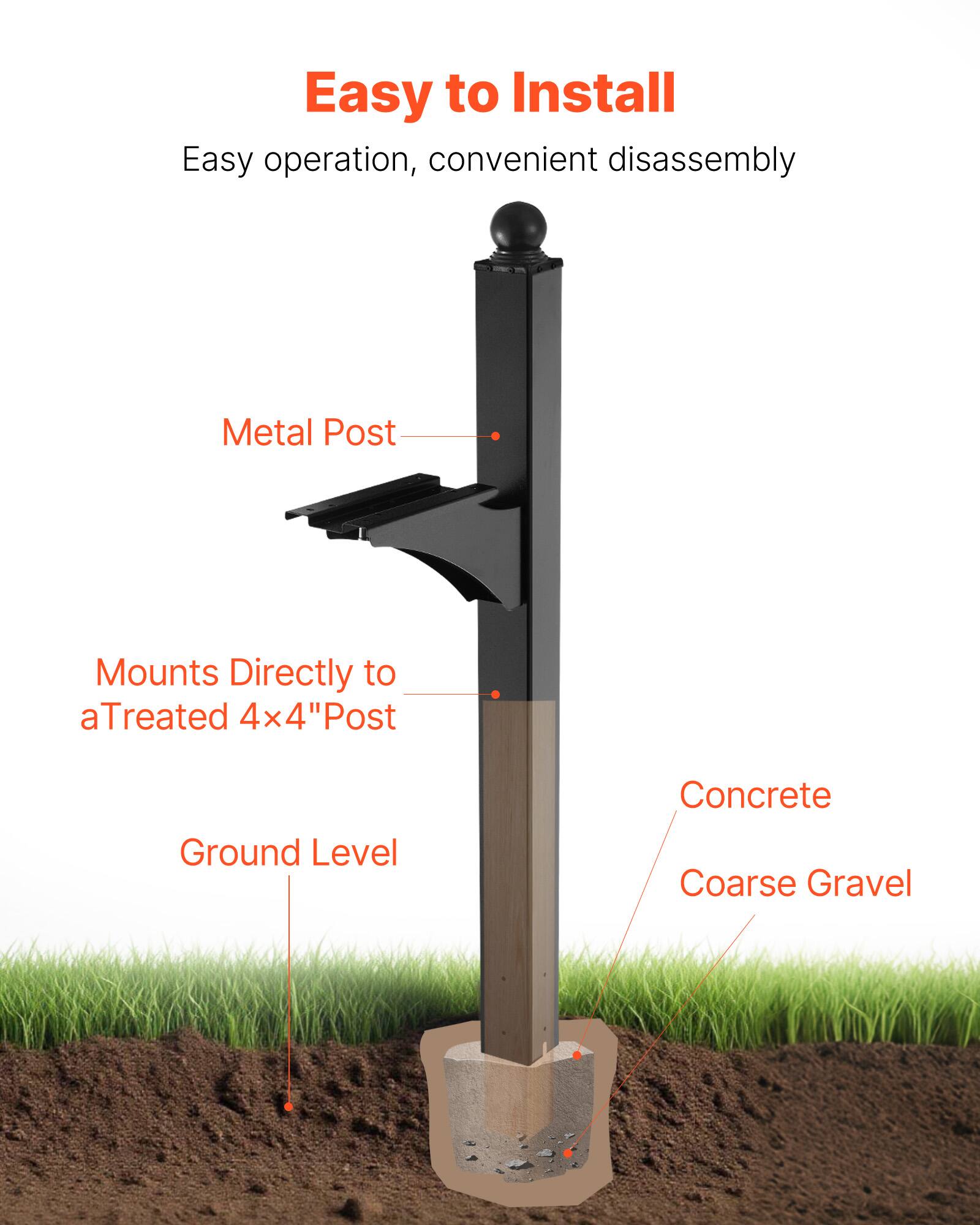 Easy to Install  
Easy operation, convenient disassembly  

Metal Post  
Mounts Directly to a Treated 4x4" Post  
Ground Level  
Concrete  
Coarse Gravel