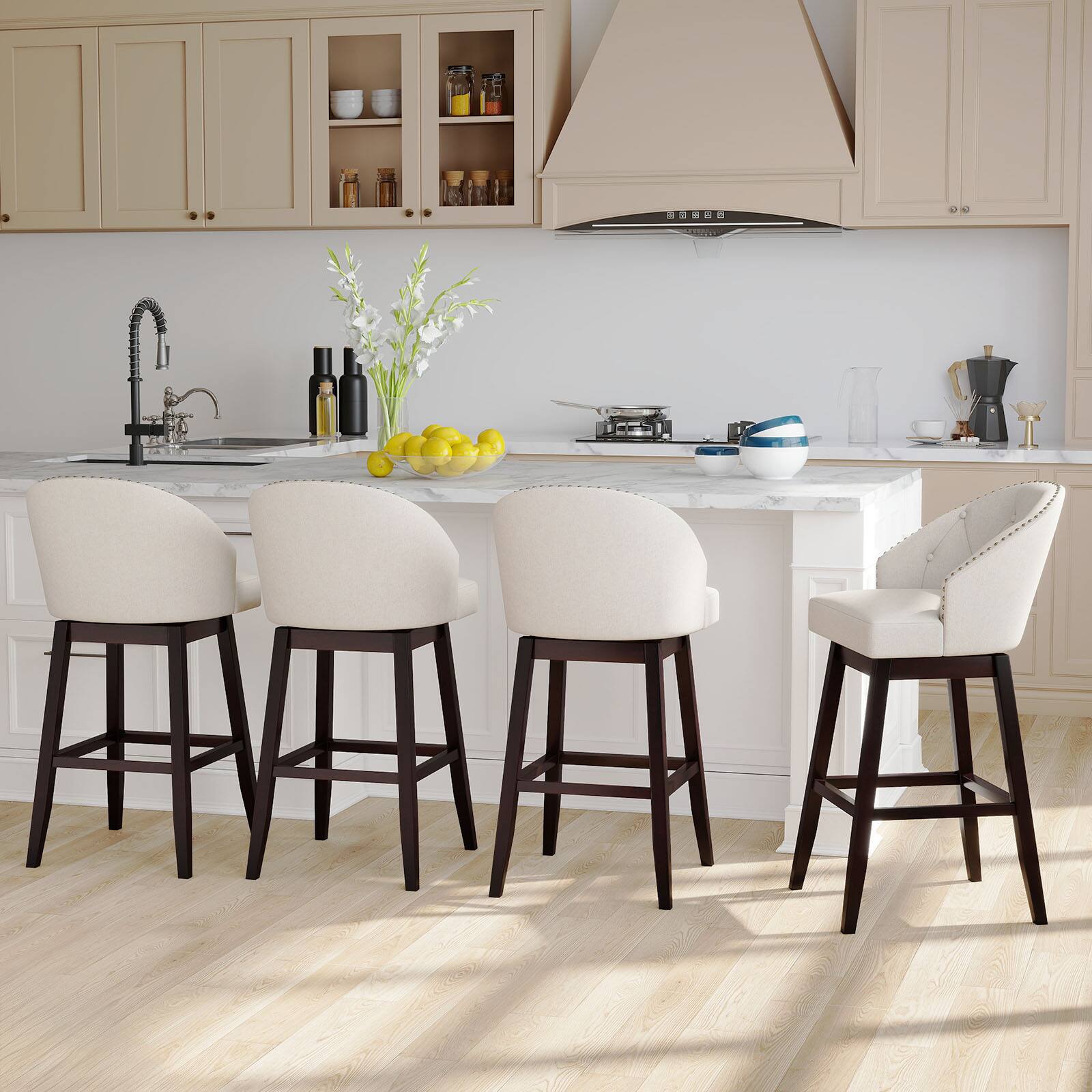 Alt View 1. Gymax - Gymax Mid Century Upholstered Bar Stools Set of 4 31'' Swivel Bar Height Bar Stools with Button-tufted Back - Beige + Brown.