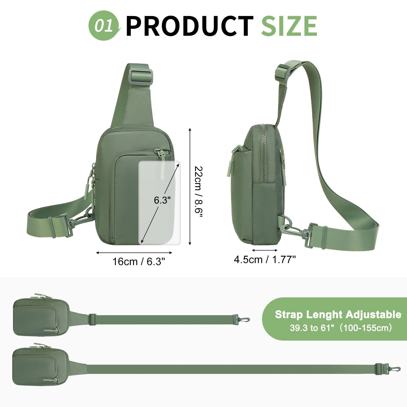 01 PRODUCT SIZE

- 6.3" / 16cm
- 8.6" / 22cm
- 4.5cm / 1.77"

Strap Length Adjustable: 39.3 to 61" (100-155cm)