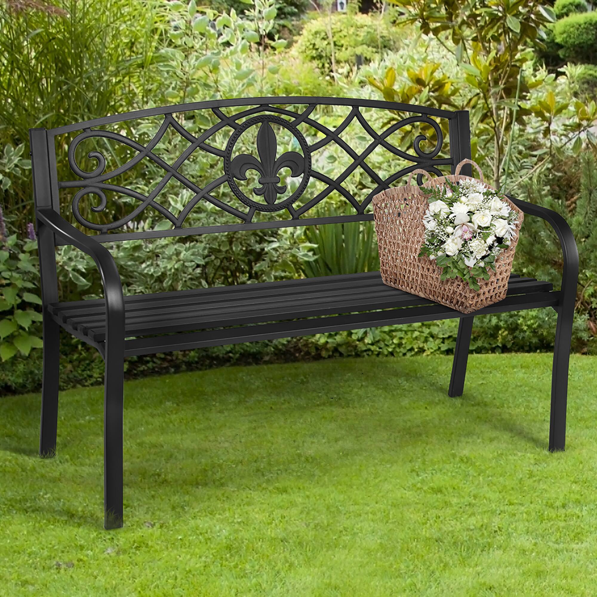 Alt View 1. Costway - Costway Patio Garden Bench Park Yard Outdoor Furniture Steel Slats Porch Chair Seat - Black.