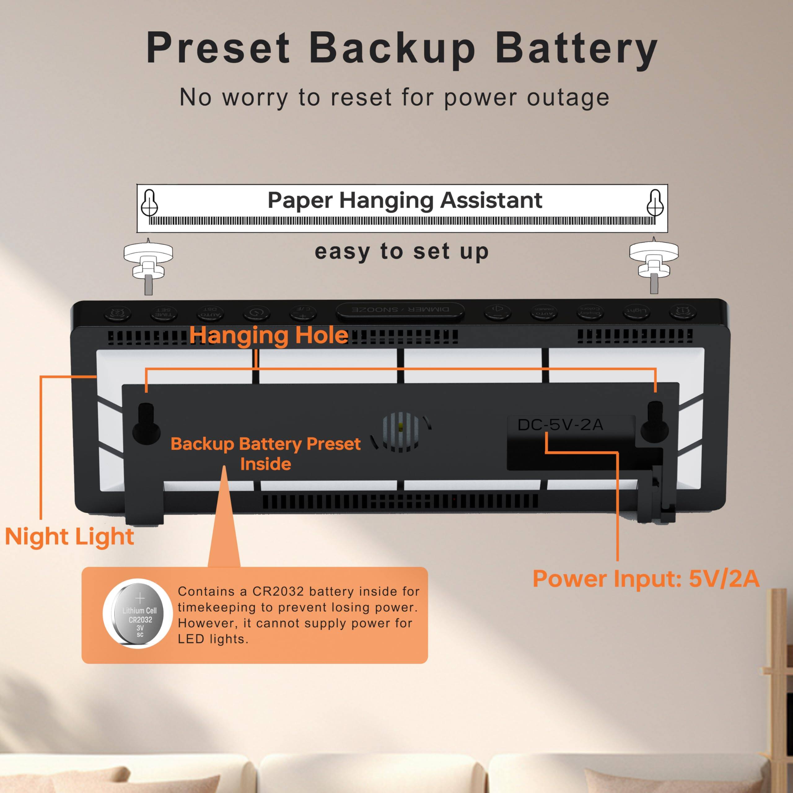Preset Backup Battery  
No worry to reset for power outage  

Paper Hanging Assistant  
easy to set up  

Hanging Hole  

Backup Battery Preset Inside  

Night Light  
Contains a CR2032 battery inside for Lithium Cell timekeeping to prevent losing power. However, it cannot supply power for LED lights.  

Power Input: 5V/2A
