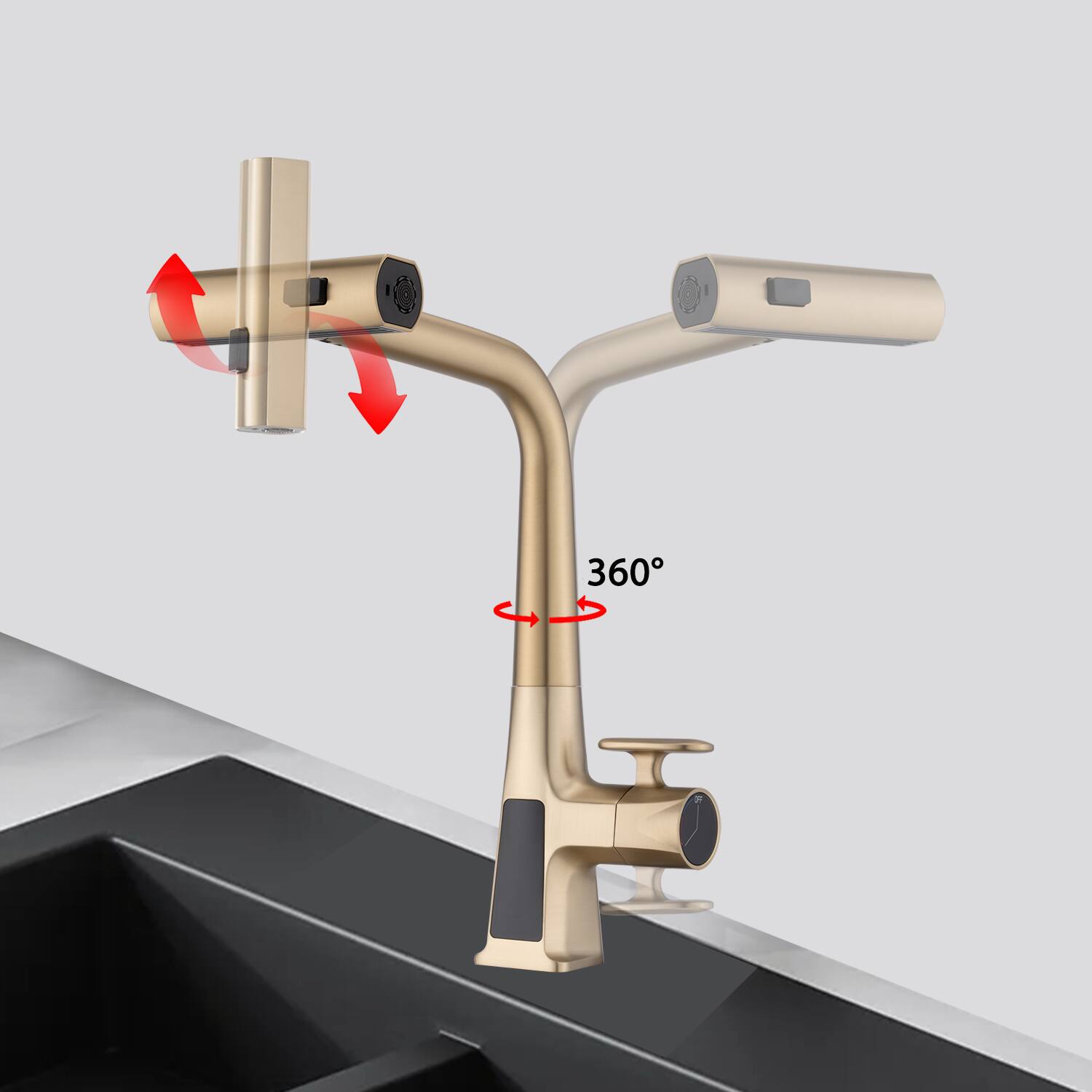 Back. APRILSOUL - Kitchen Faucet with Temperature Display Single Handle Kitchen Faucet with Pull Down Sprayer Three Water Outlet Modes - Brushed Gold.