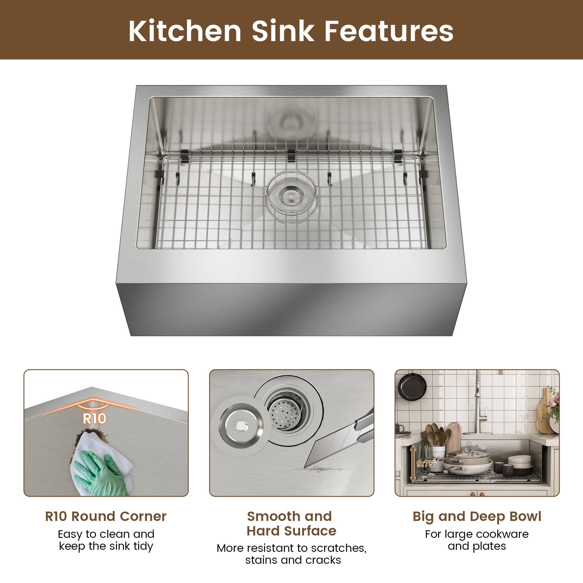 Kitchen Sink Features

R10 Round Corner
Easy to clean and keep the sink tidy

Smooth and Hard Surface
More resistant to scratches, stains and cracks

Big and Deep Bowl
For large cookware and plates