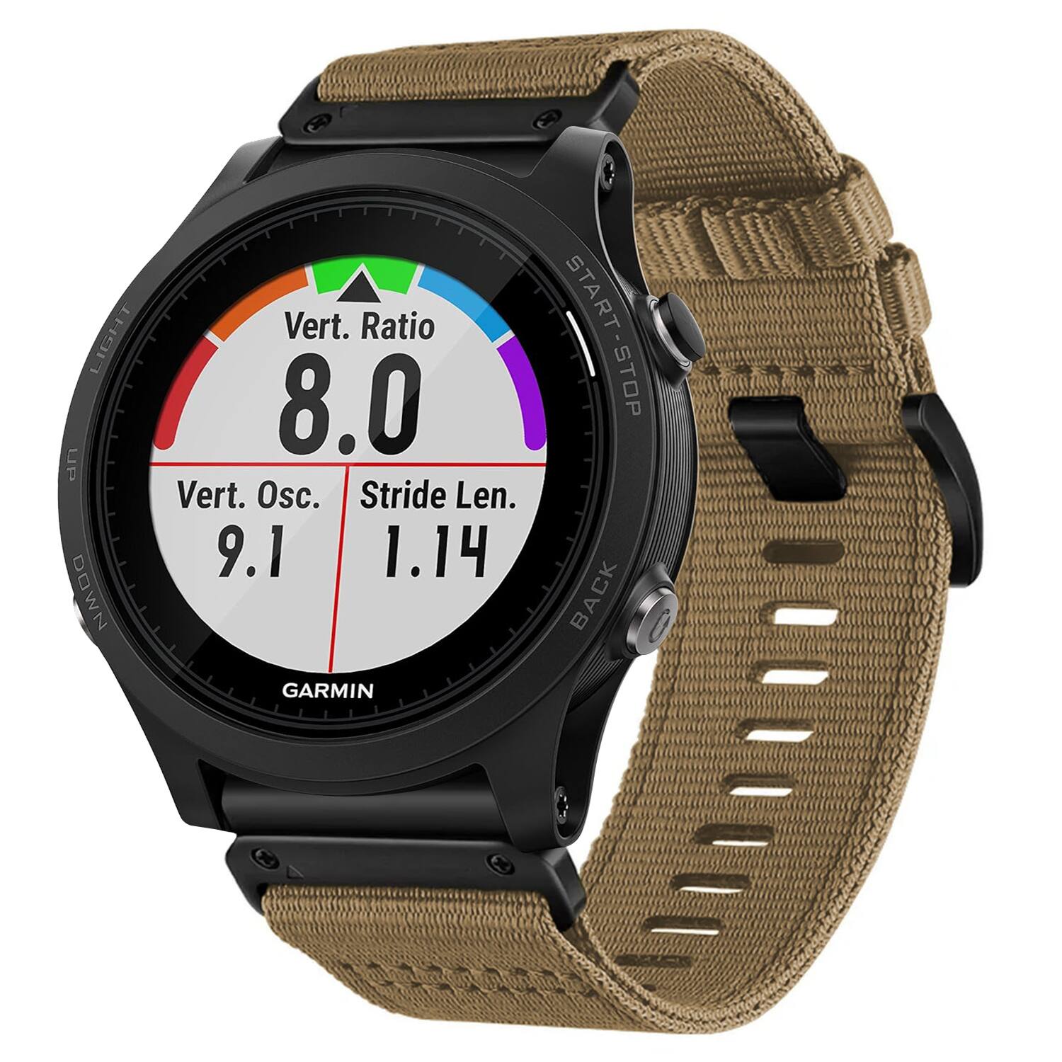 LIGHT UP DOWN  
Vert. Ratio 8.0  
Vert. Osc. 9.1  
Stride Len. 1.14  
GARMIN  
START-STOP  
BACK