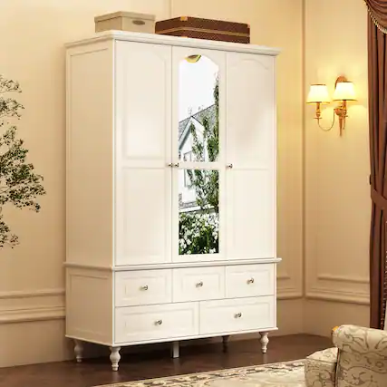 Front. FUFU&GAGA - French Style Wardrobe Closet Armoire with Mirror 3 Door Storage Cabinet with Hanging Rod Shelves and Drawers for Bedroom - White.