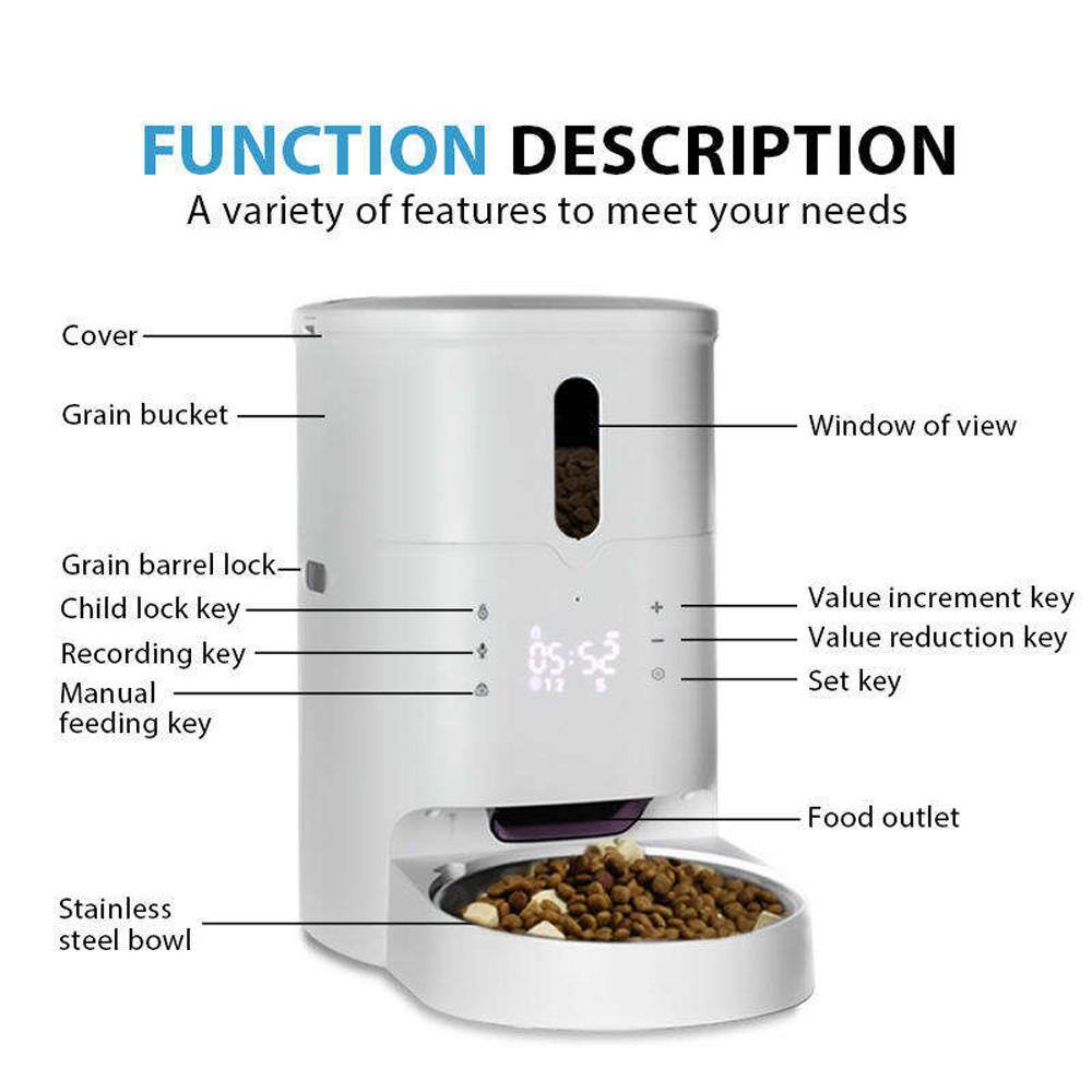 FUNCTION DESCRIPTION  
A variety of features to meet your needs

- Cover
- Grain bucket
- Window of view
- Grain barrel lock
- Child lock key
- Recording key
- Manual feeding key
- Value increment key
- Value reduction key
- Set key
- Food outlet
- Stainless steel bowl