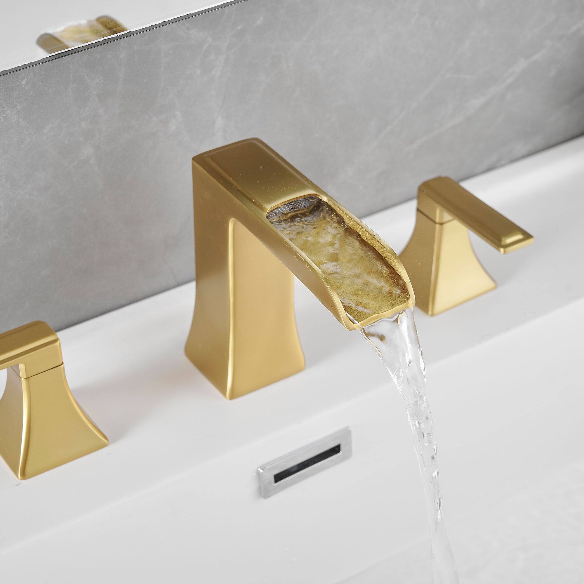 Back. Boyel Living - Modern 8 Inch Widespread Double Handle Brass Bathroom Faucet with Pop Up Drain and Water Supply Hoses in Brushed Gold - Brushed Gold.