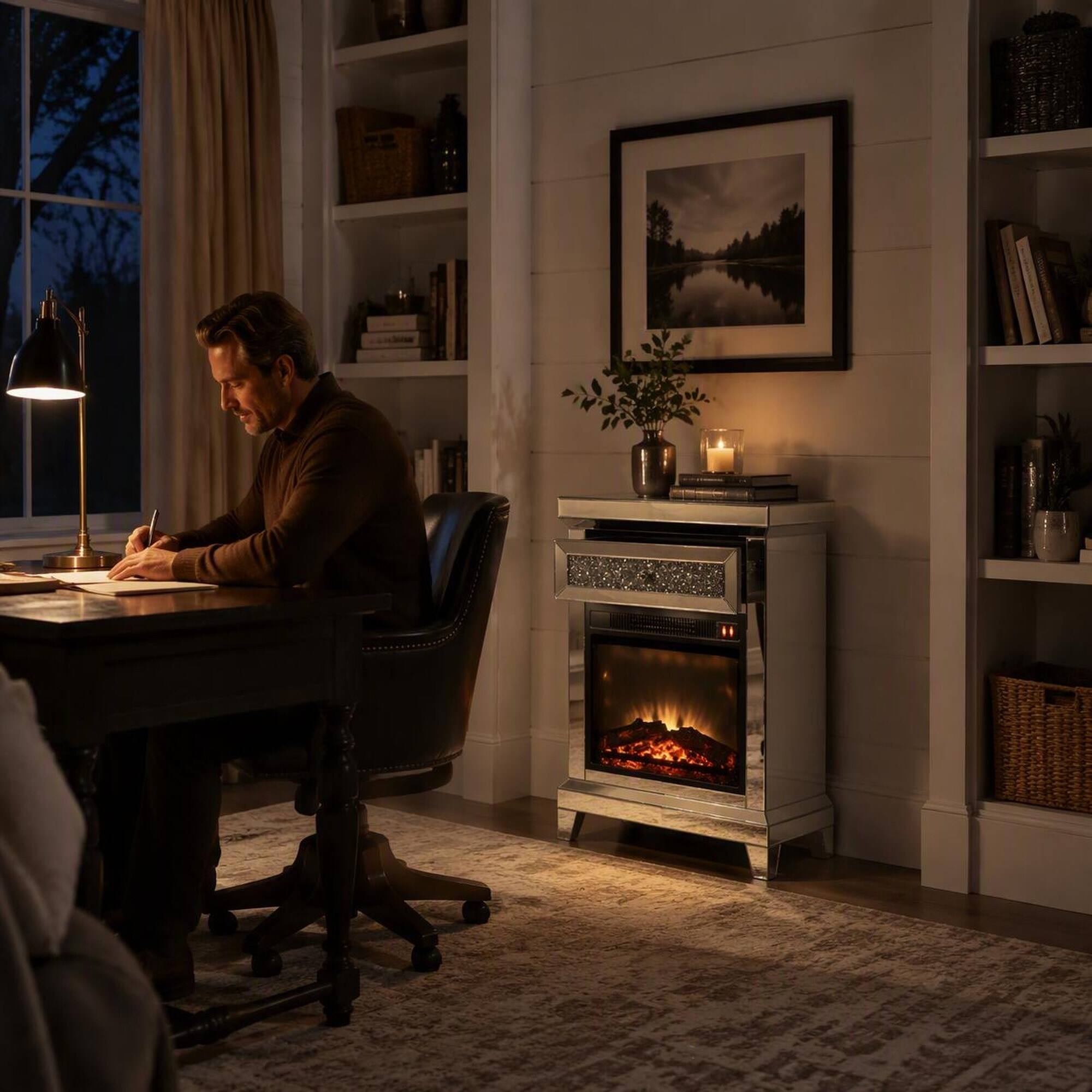 Left. RYHNUYNE - Noralie Mirrored Electric Fireplace with Faux Diamond Accents, Remote & Touch Controls, 1400W Heater - Silver.