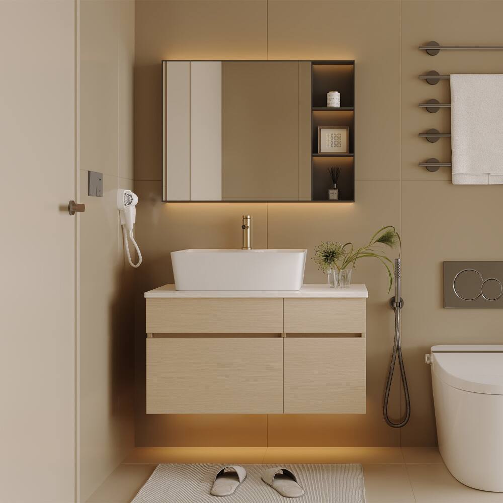 Back. JUJABU - 31.5 In. Wood Floating Bathroom Vanity with Ceramic Sink - Wood.