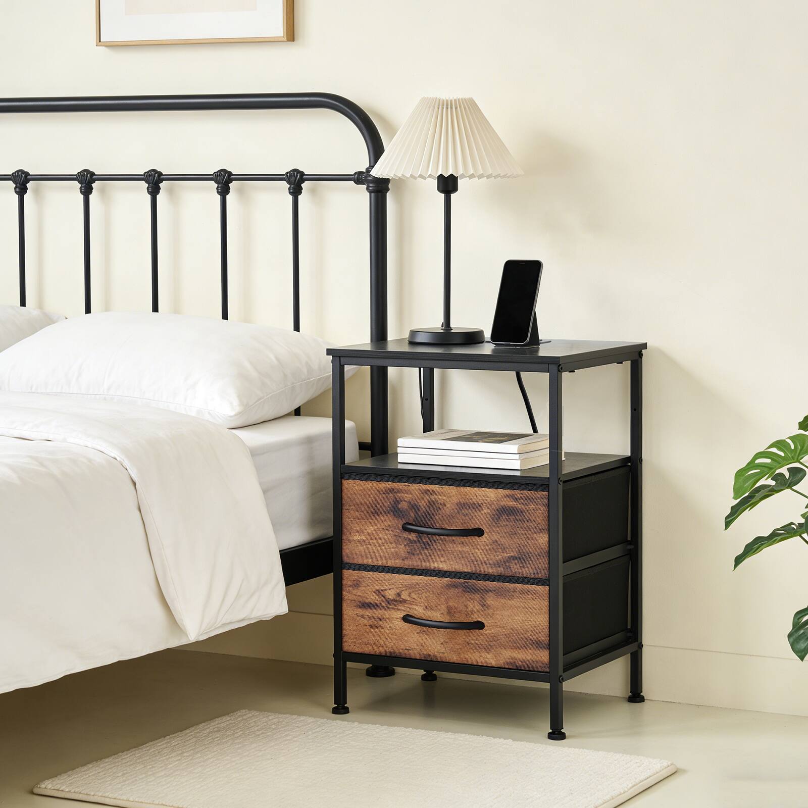 Angle. AENKYO - Bedside Table Nightstand 3-Tier Storage End Table with Charging Station - black brown.
