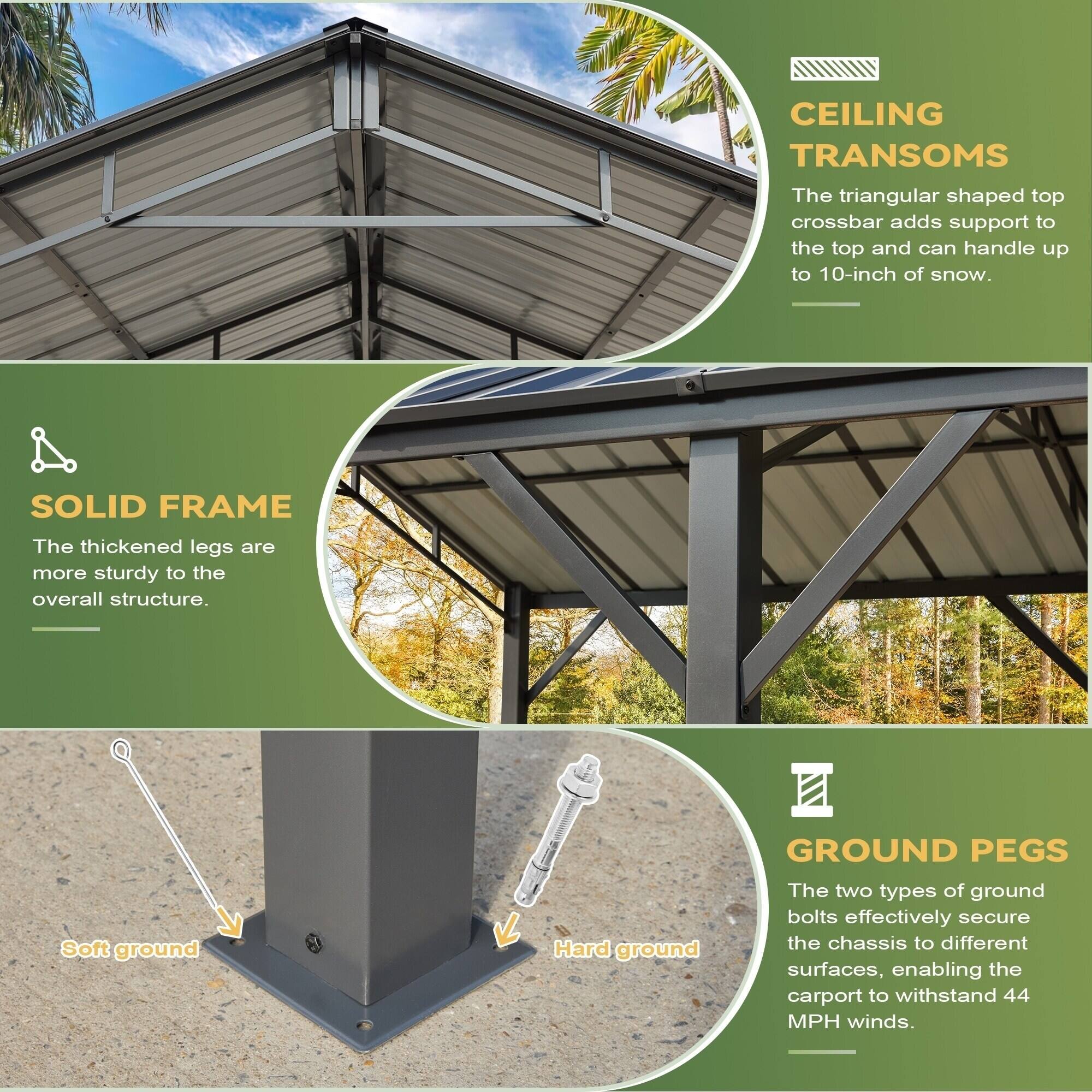CEILING TRANSOMS  
The triangular shaped top crossbar adds support to the top and can handle up to 10-inch of snow.  

SOLID FRAME  
The thickened legs are more sturdy to the overall structure.  

GROUND PEGS  
The two types of ground bolts effectively secure the chassis to different surfaces, enabling the carport to withstand 44 MPH winds.  

Soft ground  
Hard ground
