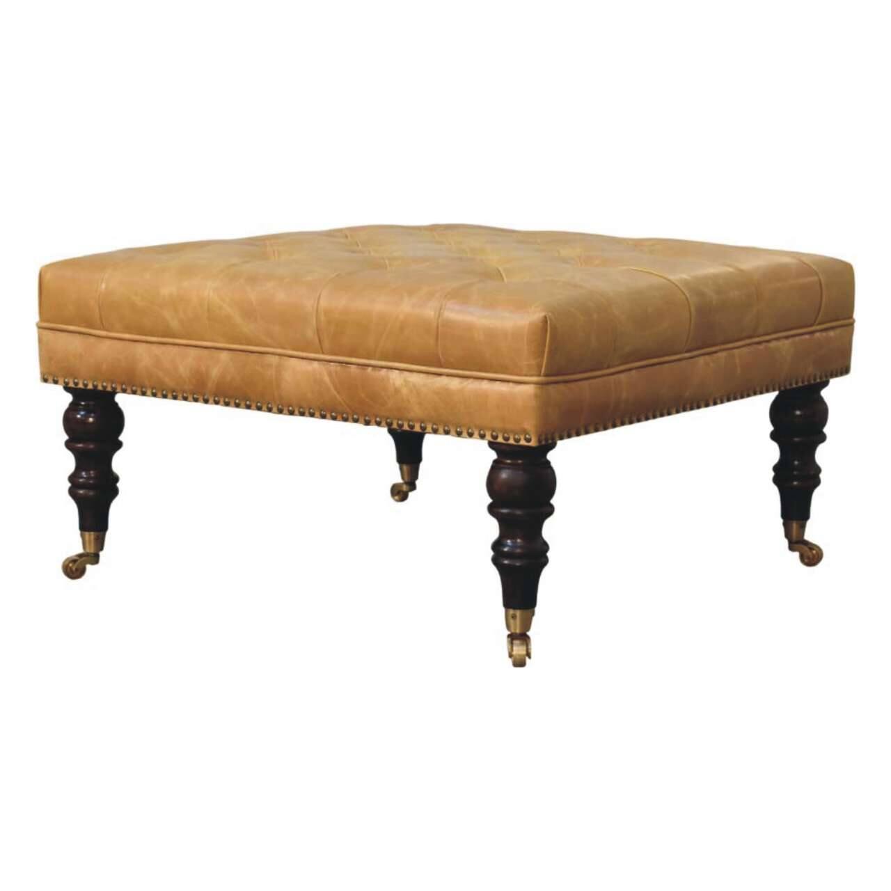 Left. Artisan Furniture - Artisan Furniture Solid Wood Tan Leather Upholstered Ottoman, Orange and Dark Brown - Orange and Brown.