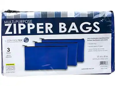 MULTI-PURPOSE ZIPPER BAGS
CONTROLTEK
3 COUNT UNITS UNIDADES
11 in x 6 in (27.9 cm x 15.2 cm)
sacs à glissière multifonction
bolsas multifunción con cierre
- durable vinyl
- durable nylon & paper
- store checks, documents, jewelry, money, diapers & more
WARNING
www.controltek44.com