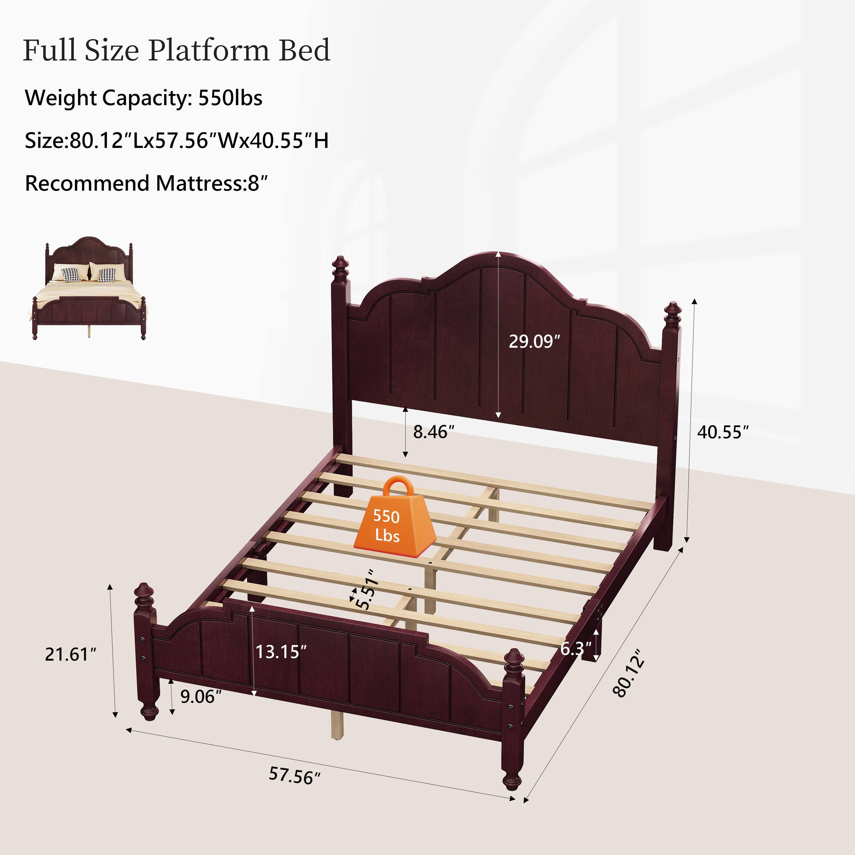 Full Size Platform Bed  
Weight Capacity: 550lbs  
Size: 80.12"L x 57.56"W x 40.55"H  
Recommend Mattress: 8"  

- 29.09"  
- 8.46"  
- 40.55"  
- 21.61"  
- 9.06"  
- 13.15"  
- 550 Lbs  
- 5.51"  
- 6.3"  
- 3  
- 80.12"  
- 12"  
- 80.57.56"
