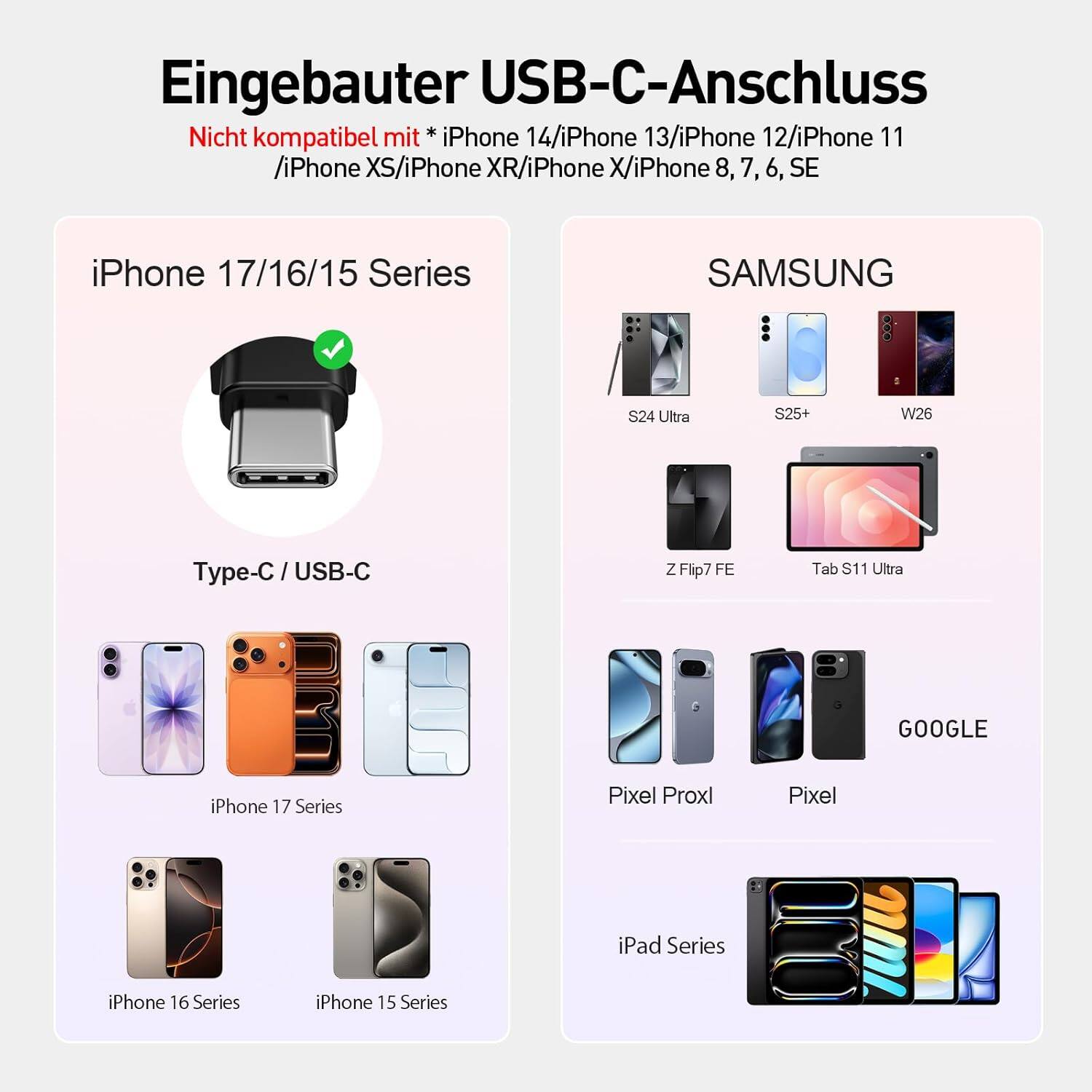Eingebauter USB-C-Anschluss  
Nicht kompatibel mit *iPhone 14/iPhone 13/iPhone 12/iPhone 11/iPhone XS/iPhone XR/iPhone X/iPhone 8, 7, 6, SE  
iPhone 17/16/15 Series  
SAMSUNG S24 Ultra S25+ W26  
Type-C / USB-C  
Z Flip7 FE Tab S11 Ultra  
GOOGLE  
iPhone 17 Series Pixel Proxl Pixel iPad Series  
iPhone 16 Series iPhone 15 Series