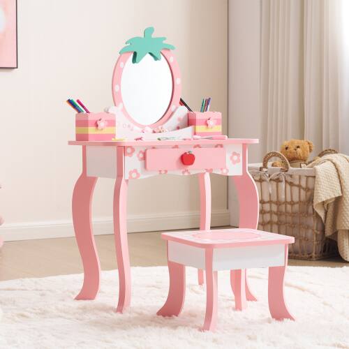 Alt View 2. Winado - 2-in-1 Cartoon Design Children Vanity Table Set Removable Mirror to Writing Desk with Stool for Christmas Birthday Gift - White.