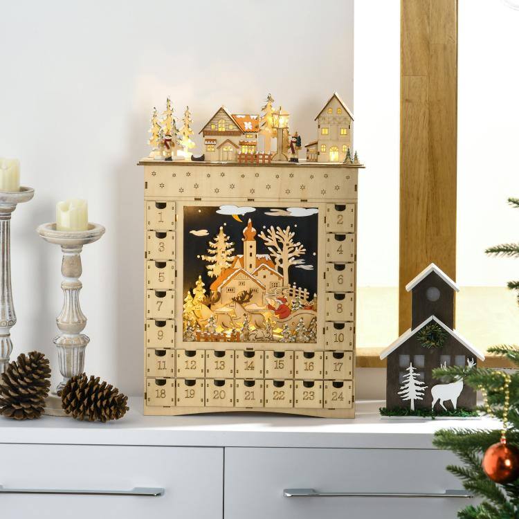 Alt View 7. PULUZ - Christmas Advent Calendar, Wooden Countdown to Christmas Table Decoration with 24 Drawers, Lights, Battery Operated - Natural Wood.