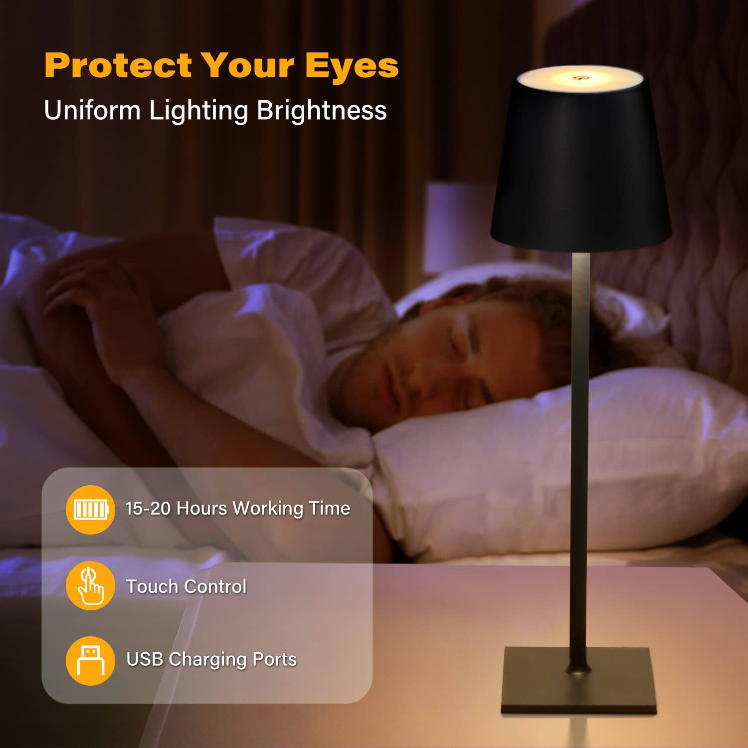Protect Your Eyes  
Uniform Lighting Brightness  

15-20 Hours Working Time  
Touch Control  
USB Charging Ports