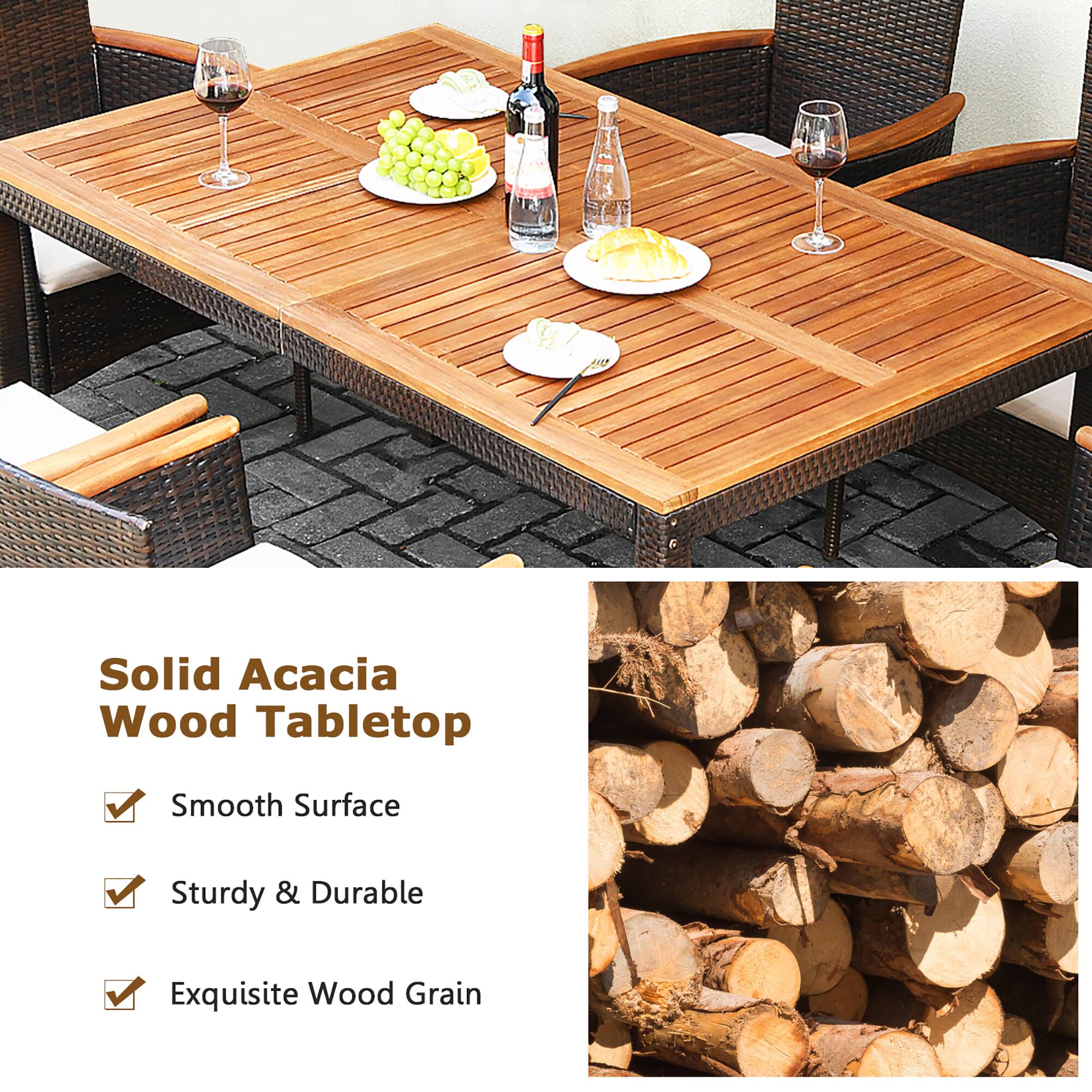 The text on the image is grouped and corrected as follows:
"Solid Acacia Wood Tabletop - Smooth Surface - Sturdy & Durable - Exquisite Wood Grain."
