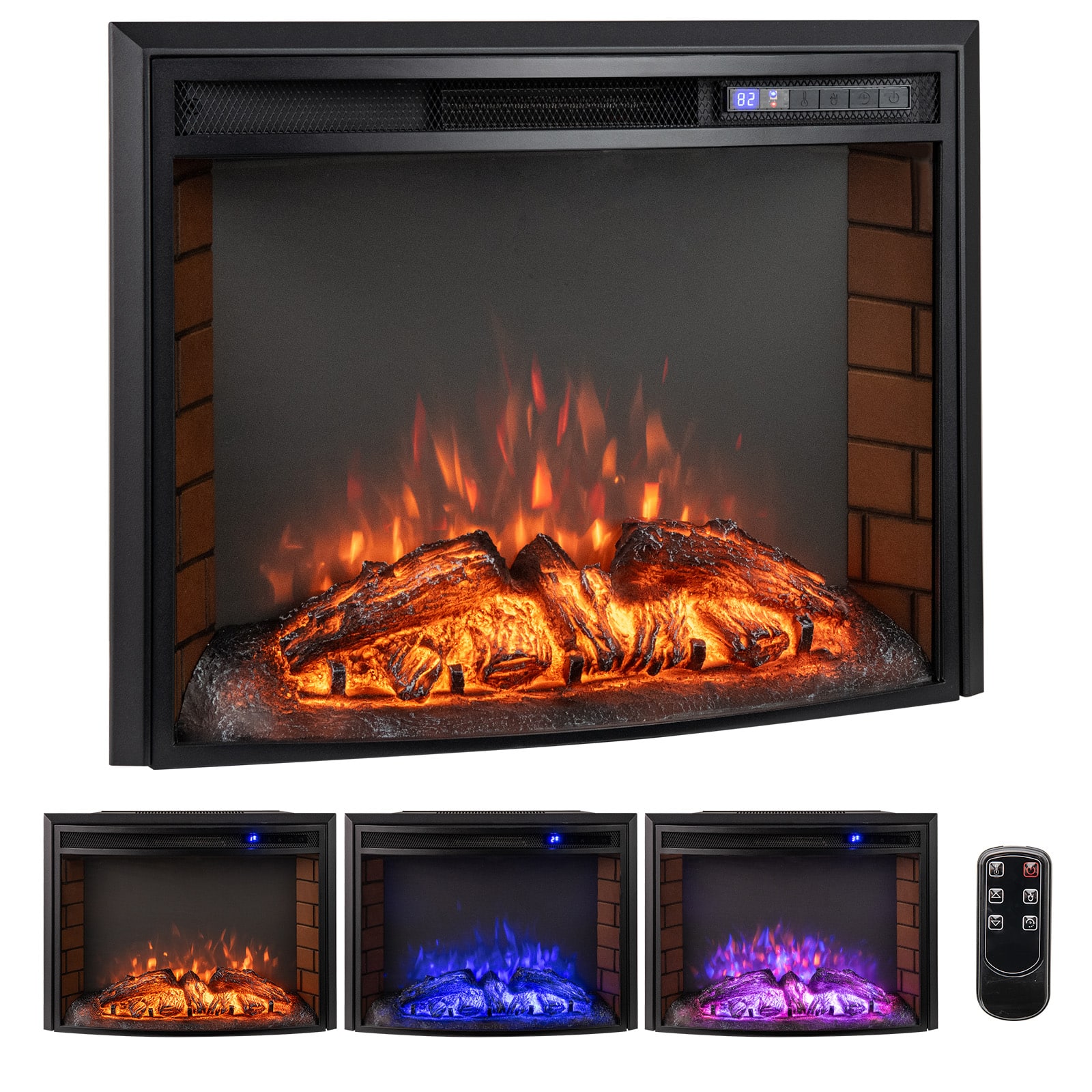 Front. Gymax - Gymax 26'' Curved Recessed Electric Fireplace Insert 750W/1500W Fireplace Heater - Black.