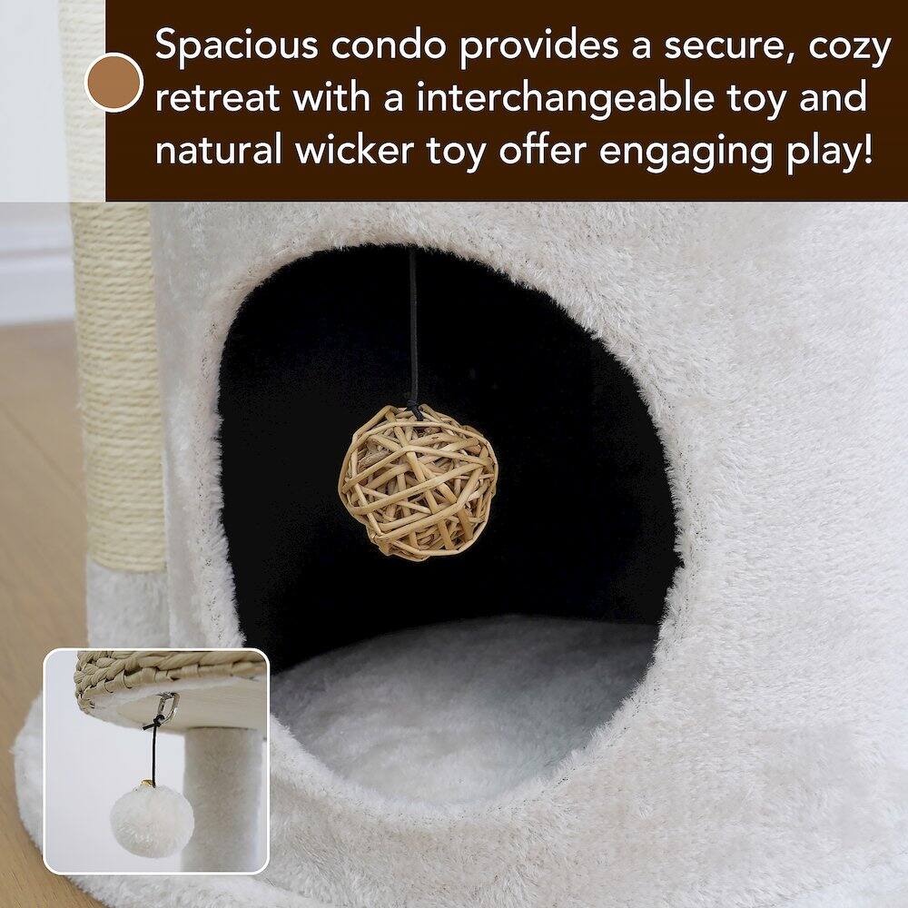 Spacious condo provides a secure, cozy retreat with a interchangeable toy and natural wicker toy offer engaging play!
