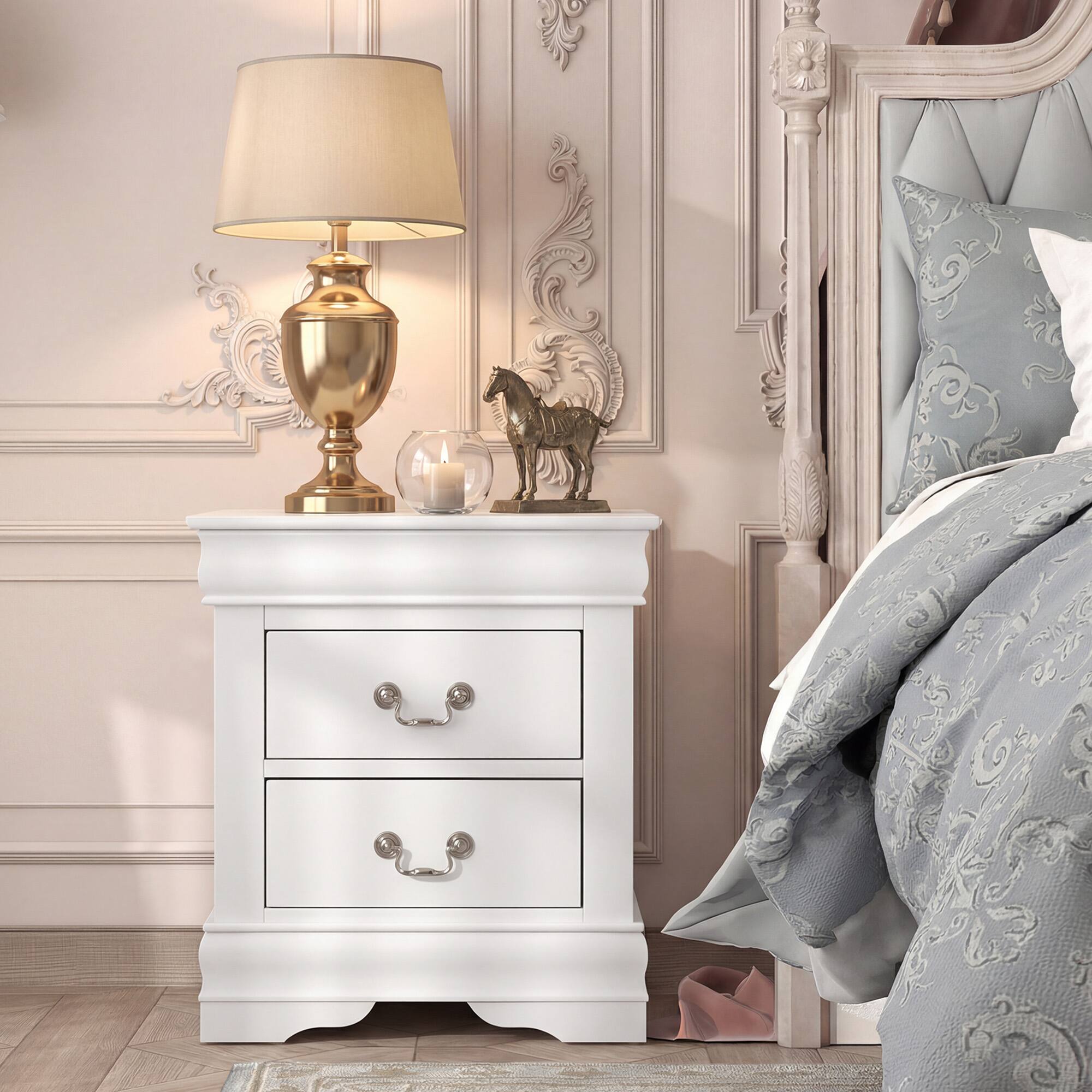 Front. Anysun - Anysun Transitional Antique Elegant Style 2-Drawer Nightstand with Solid Wood Legs and Smooth Glides - White.