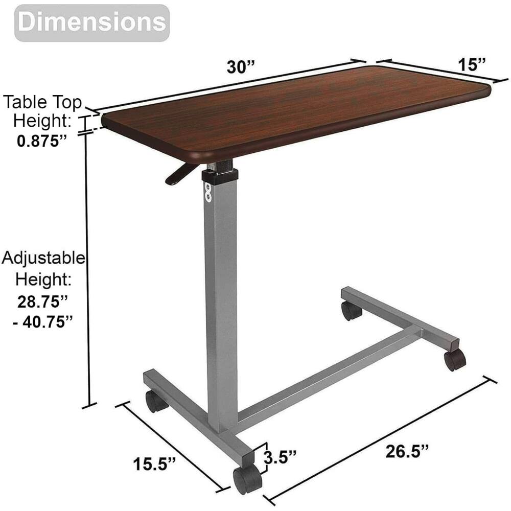 Dimensions  
Table Top Height: 0.875"  
Adjustable Height: 28.75" - 40.75"  
30" x 15"  
15.5" x 3.5" x 26.5"