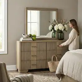 Kings Brand Furniture - Sierra Modern Fluted 6-Drawer Dresser with Mirror - White Oak