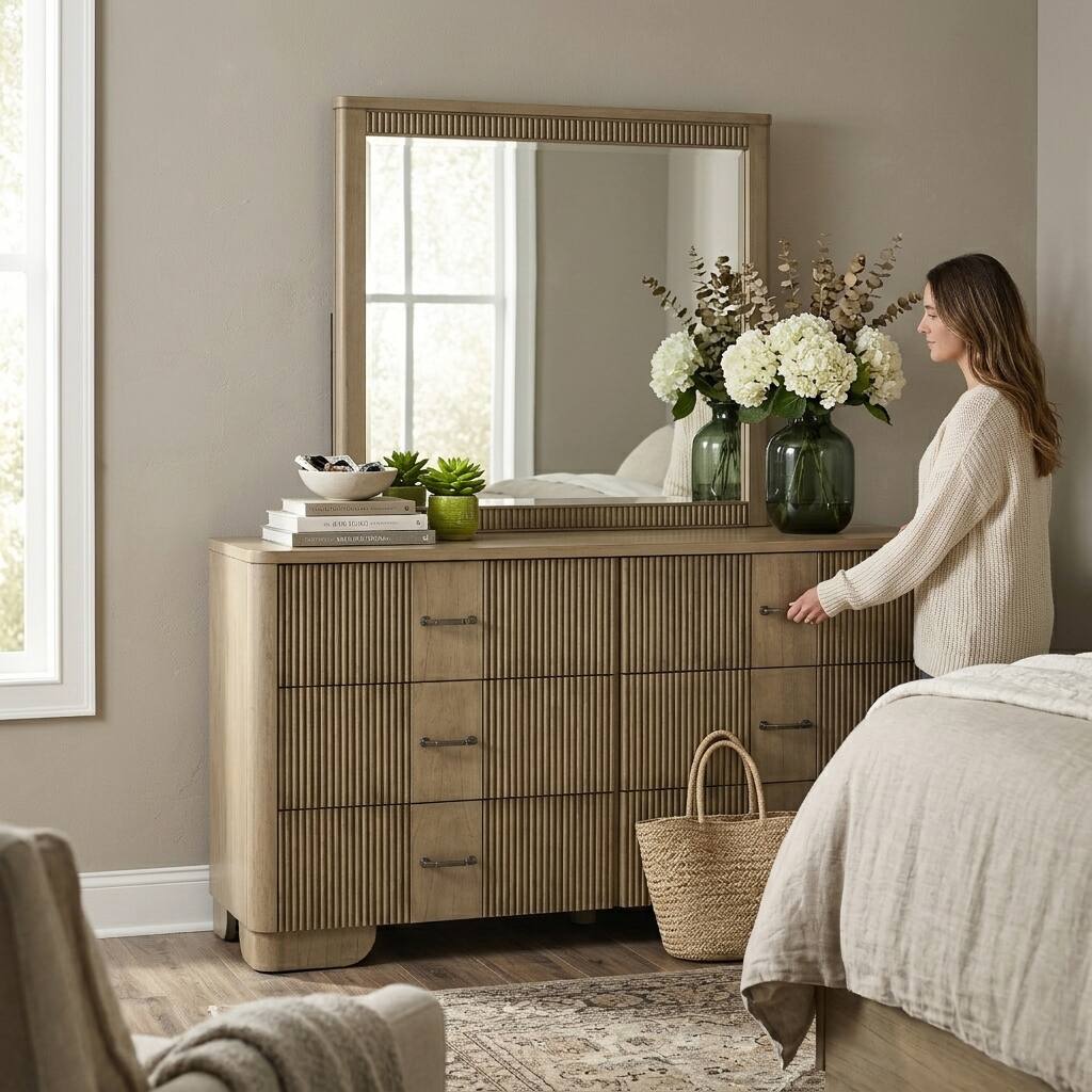 Front. Kings Brand Furniture - Kings Brand Furniture Sierra White Oak Modern Fluted 6-Drawer Dresser with Mirror - White Oak.