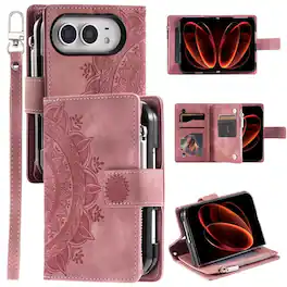 Dteck - 2-in-1 Crossbody Strap Wallet Case with Card Slots For iPhone Duo, Zipper Pocket Purse Phone Cover - Pink