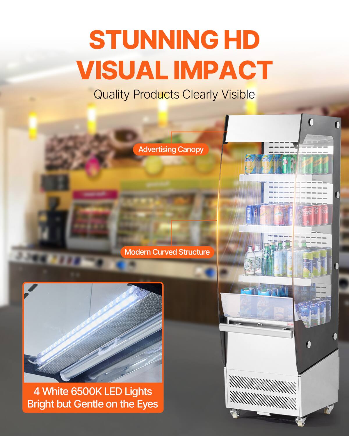 STUNNING HD VISUAL IMPACT  
Quality Products Clearly Visible  

Advertising Canopy  
Modern Curved Structure  

4 White 6500K LED Lights  
Bright but Gentle on the Eyes