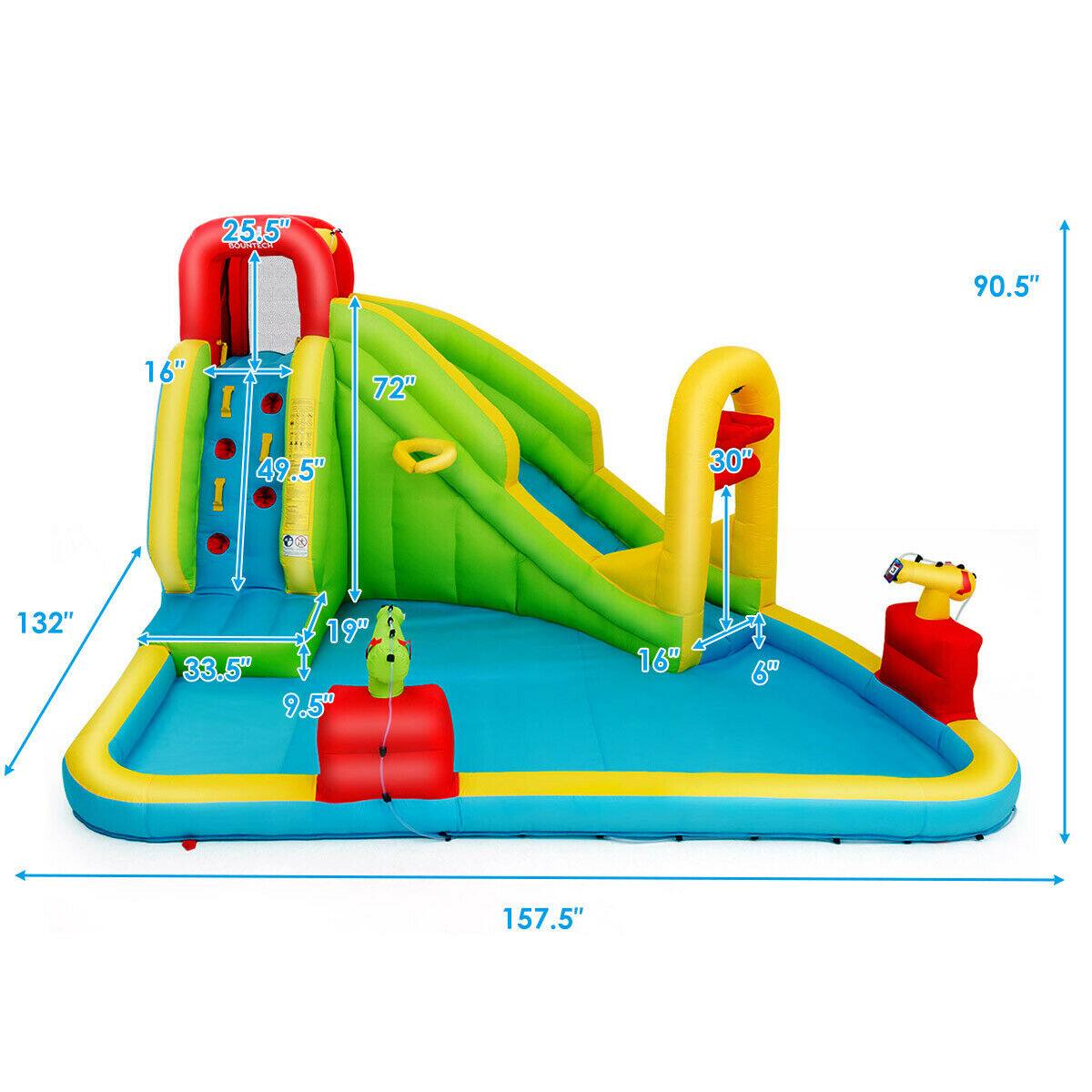 - 25.5" (Width of the slide)
- 16" (Height of the slide)
- 49.5" (Height of the slide from the ground)
- 72" (Length of the slide)
- 30" (Height of the water slide)
- 132" (Length of the pool)
- 33.5" (Width of the pool)
- 9.5" (Depth of the pool)
- 16" (Width of the water slide)
- 6" (Height of the water slide)
- 157.5" (Width of the entire structure)
- 90.5" (Height of the entire structure)
