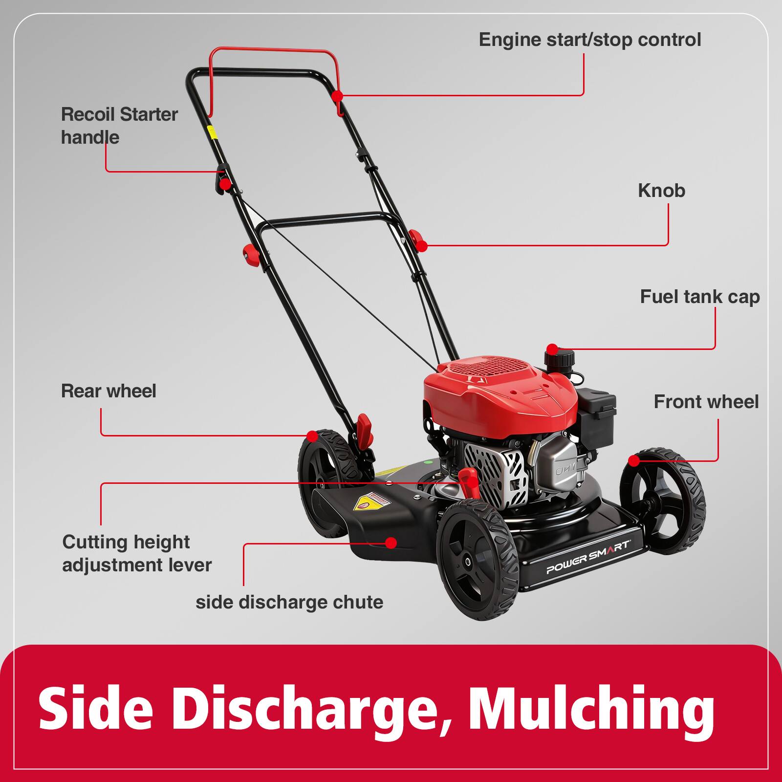- Engine start/stop control
- Recoil Starter handle
- Knob
- Fuel tank cap
- Rear wheel
- Front wheel
- Cutting height adjustment lever
- Side discharge chute
- Side Discharge, Mulching
- SMART RT SM POWR