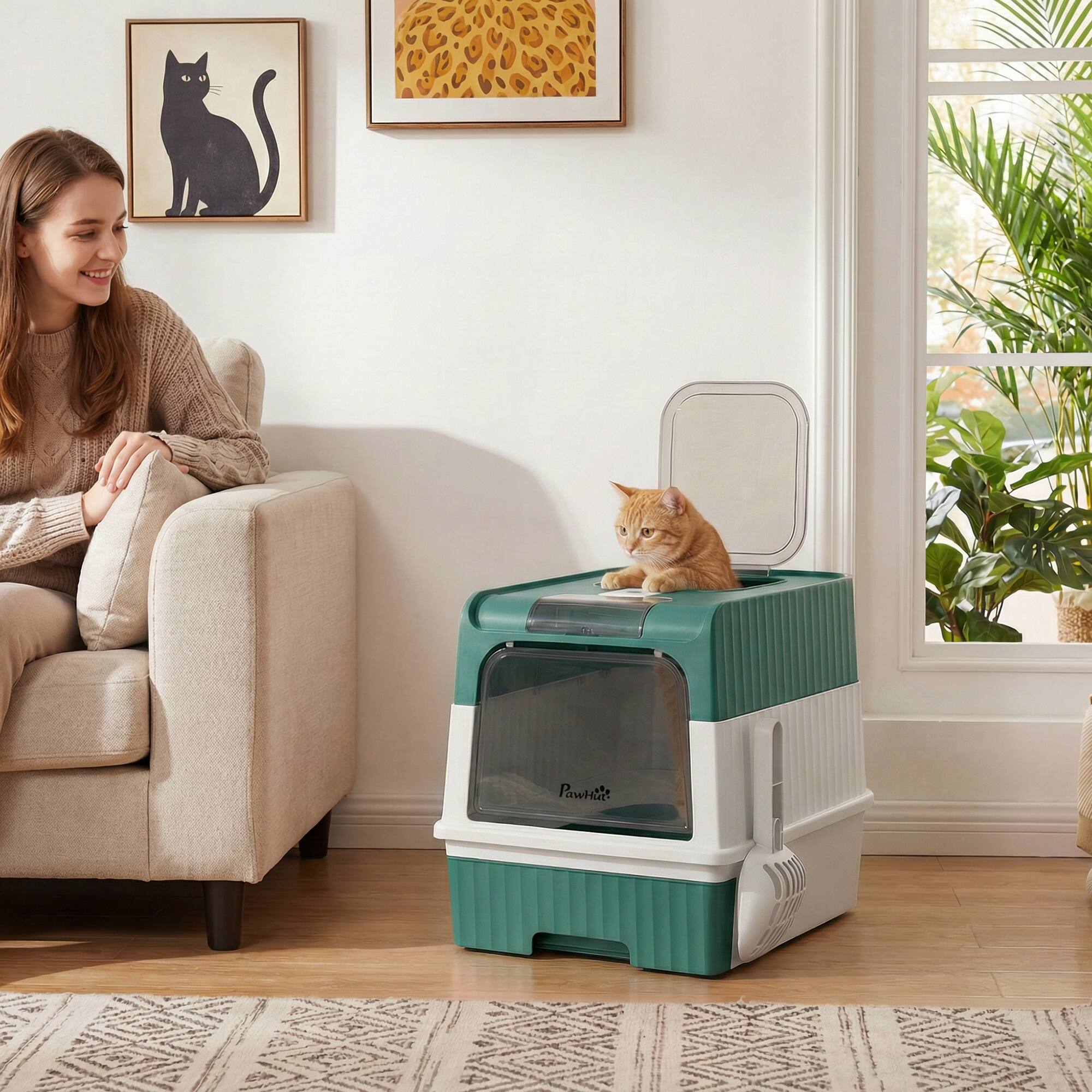 Alt View 1. Pawhut - Litter Box Hooded Cat Litter Tray with Drawer Pan Front Entry & Top Exit Easy Cleaning - Teal.