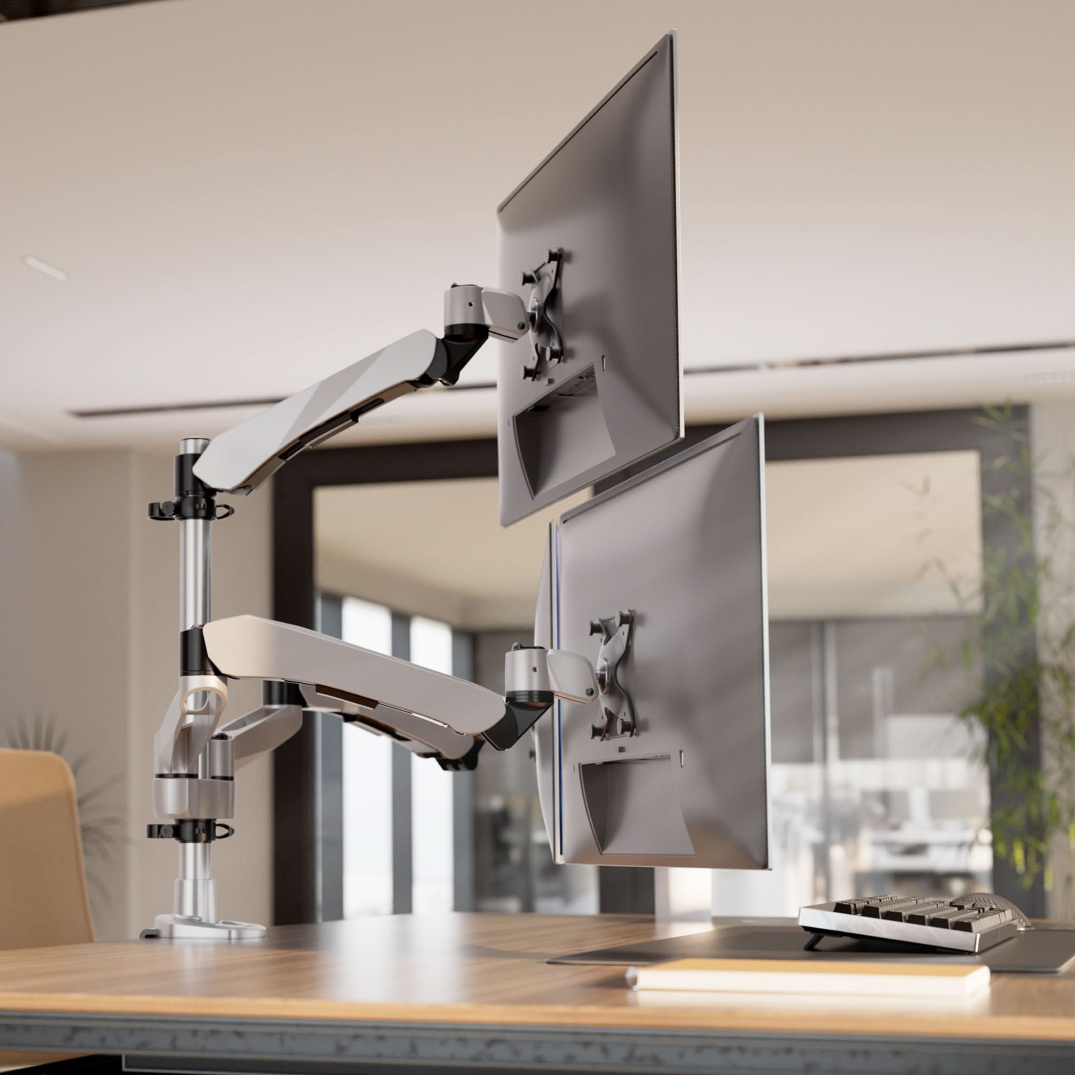 Alt View 2. Mount-It! - CLiX Series Articulating Triple Pyramid Monitor Desk Mount – Full Motion Stand for Three Screens, Height Adjustable - Silver.