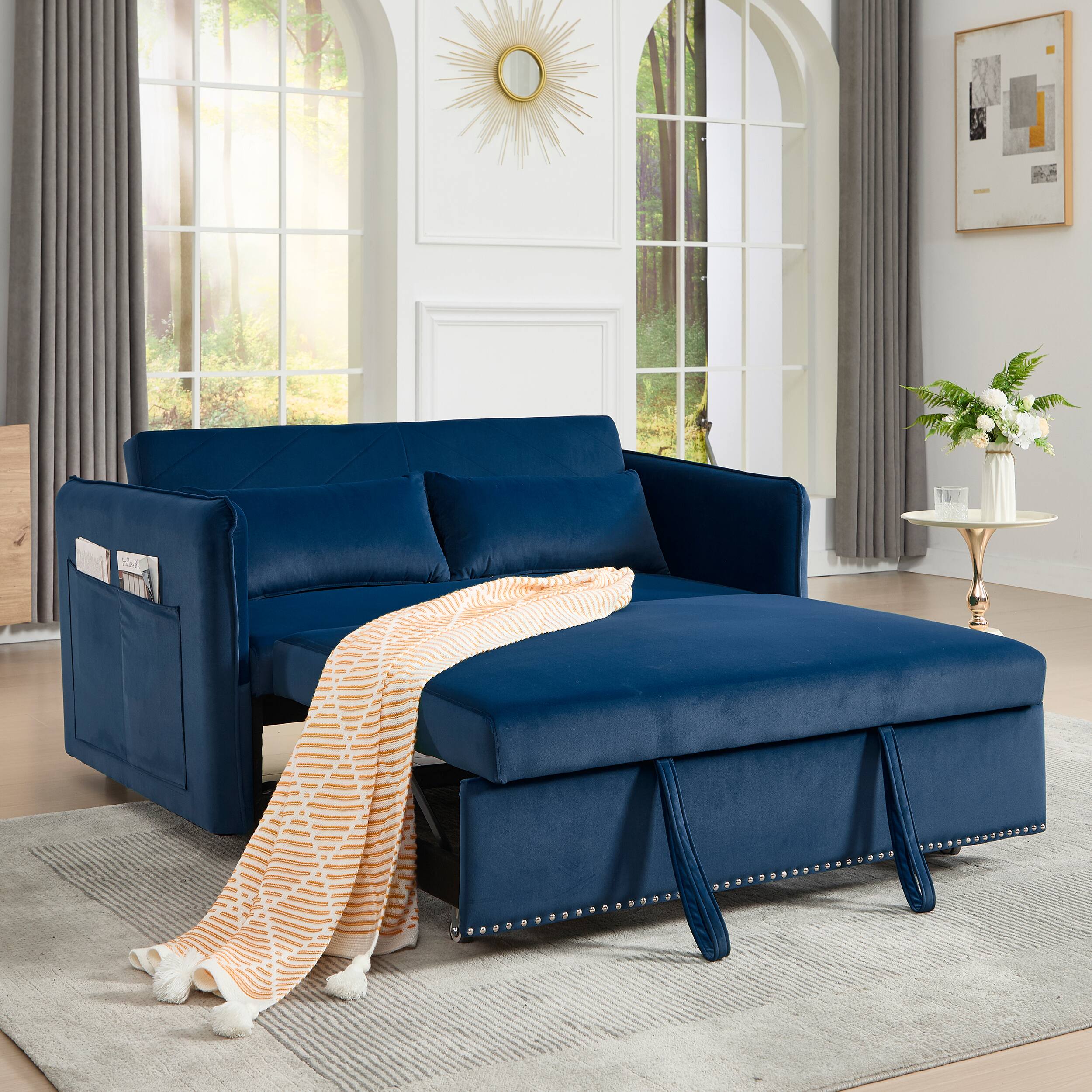 Alt View 1. Tiramisubest - 3 in 1 Convertible Sleeper Futon Sofa Bed,55" Velvet Loveseat with 2 Pillows,Reclining Backrest & Side Pockets,Blue - Blue.